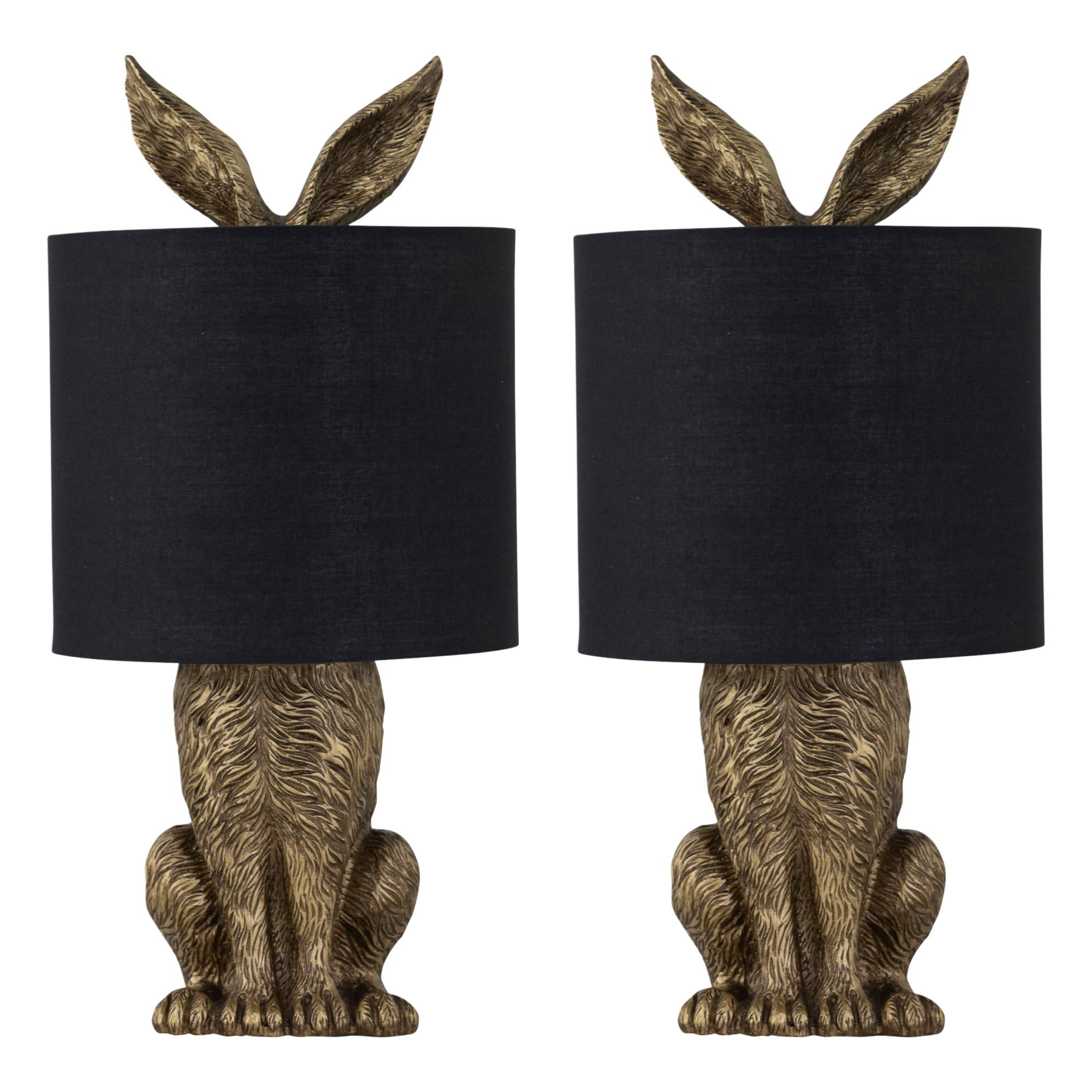 firstchoicelighting Set of 2 Antique Gold Hare Rabbit Table Lamp or Bedside Lights with Black Fabric Shade, Resin Animal, Height 43 cm, LED Compatible