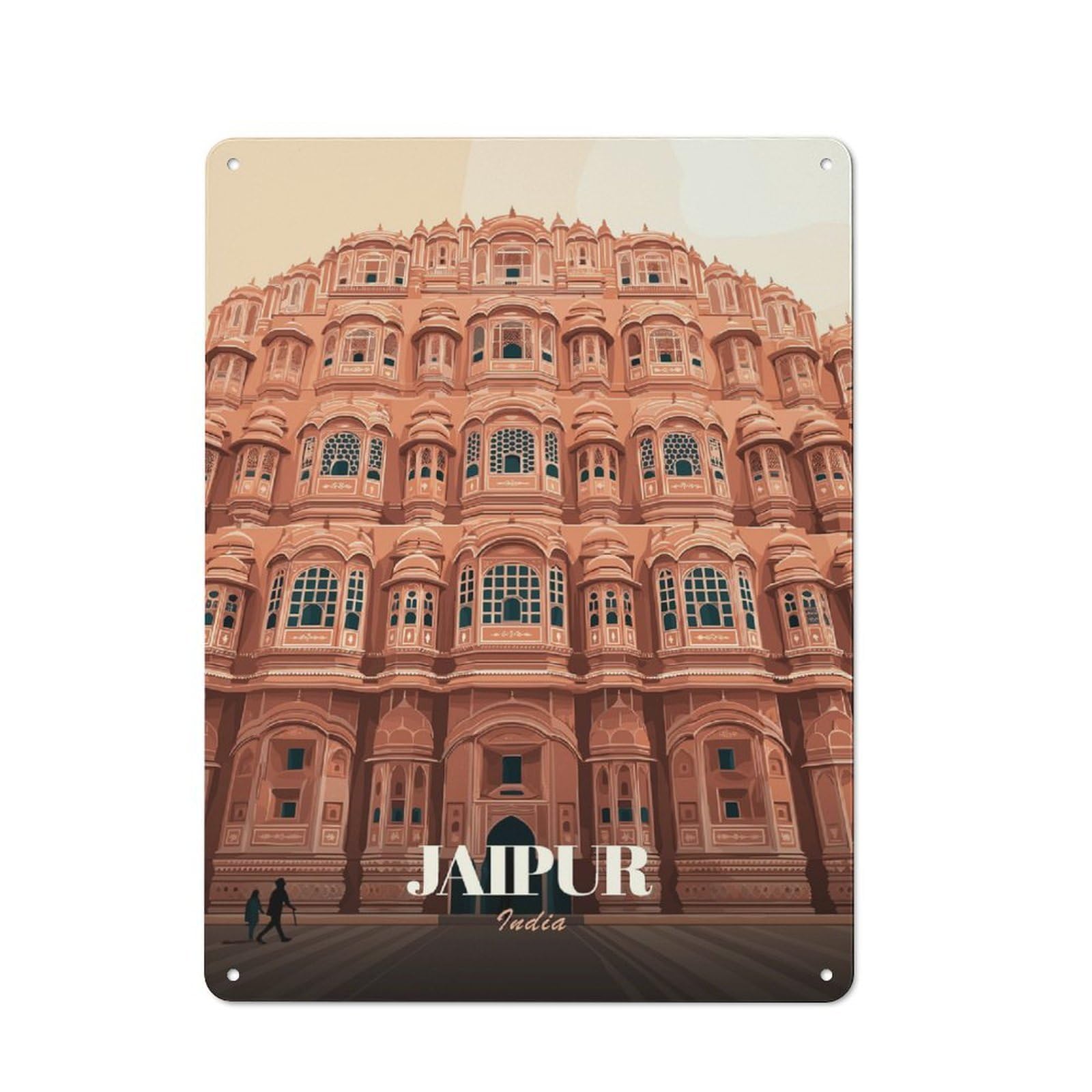 Junmoney Style-22 Metal Wall Sign 40X30cm Featuring Hawa Mahal, Jaipur, India Illustration For Pub Or Café, Housewarming Wall Decor For People Furnishing Pub And Café