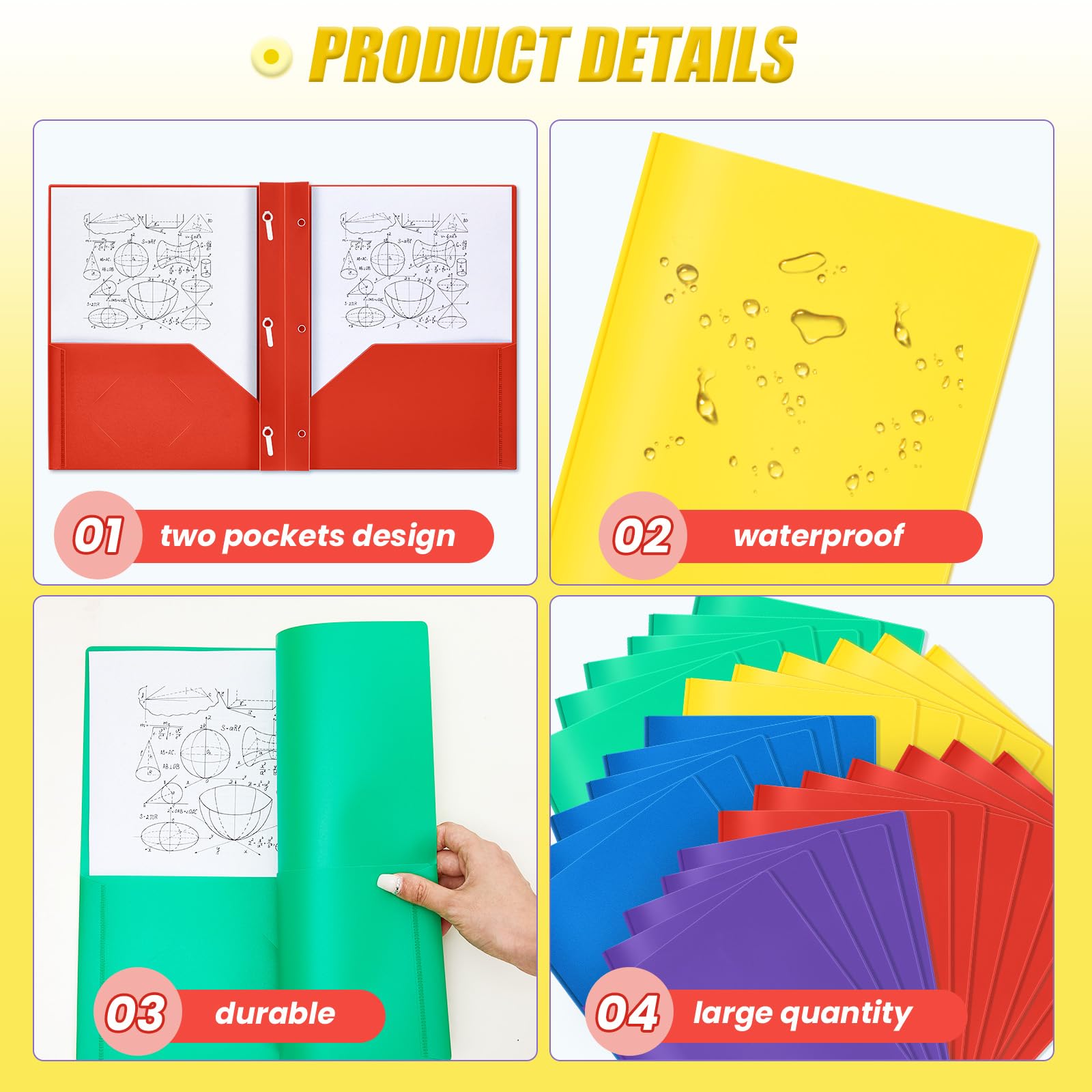 Yeaqee 30 cartelle in plastica con tasche e rebbi in plastica con 2 tasche per ufficio, scuola per studenti, insegnanti, impiegati (multicolore)