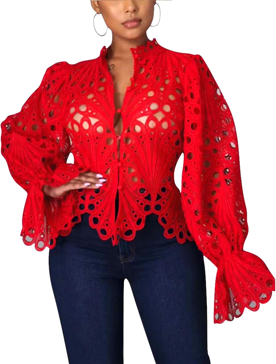 Doweha Women’s Sexy Ruffle Long Sleeve Summer Lace Tops 2026 Puff Flare Shirt V Neck Hollow Out Button Down Tunic Blouses
