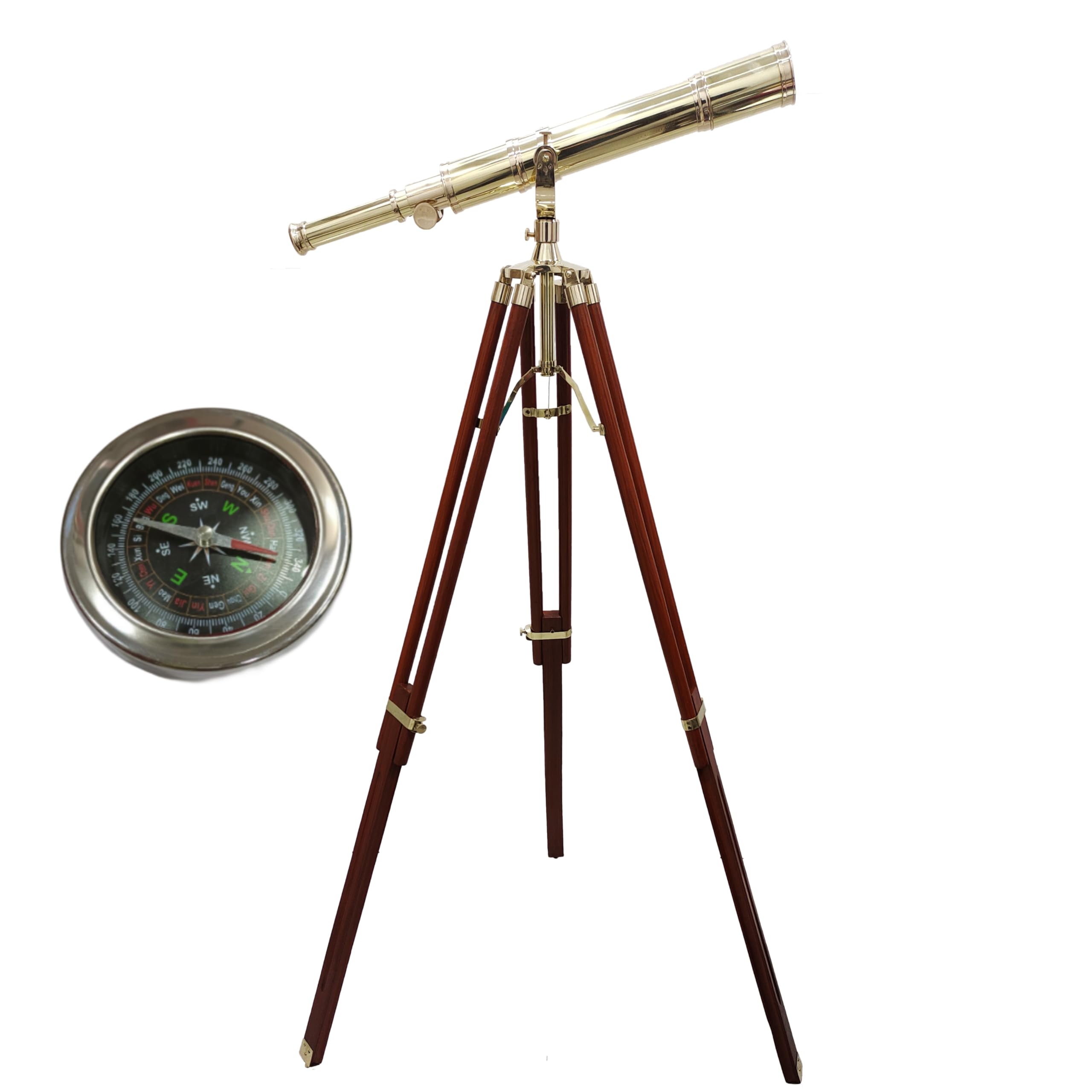 Navirock Nautical Marine Navy Telescope Solid Brass Shiny Brass Telescope with Wooden Tripod Adjustable Brown Stand with Chrome Compass