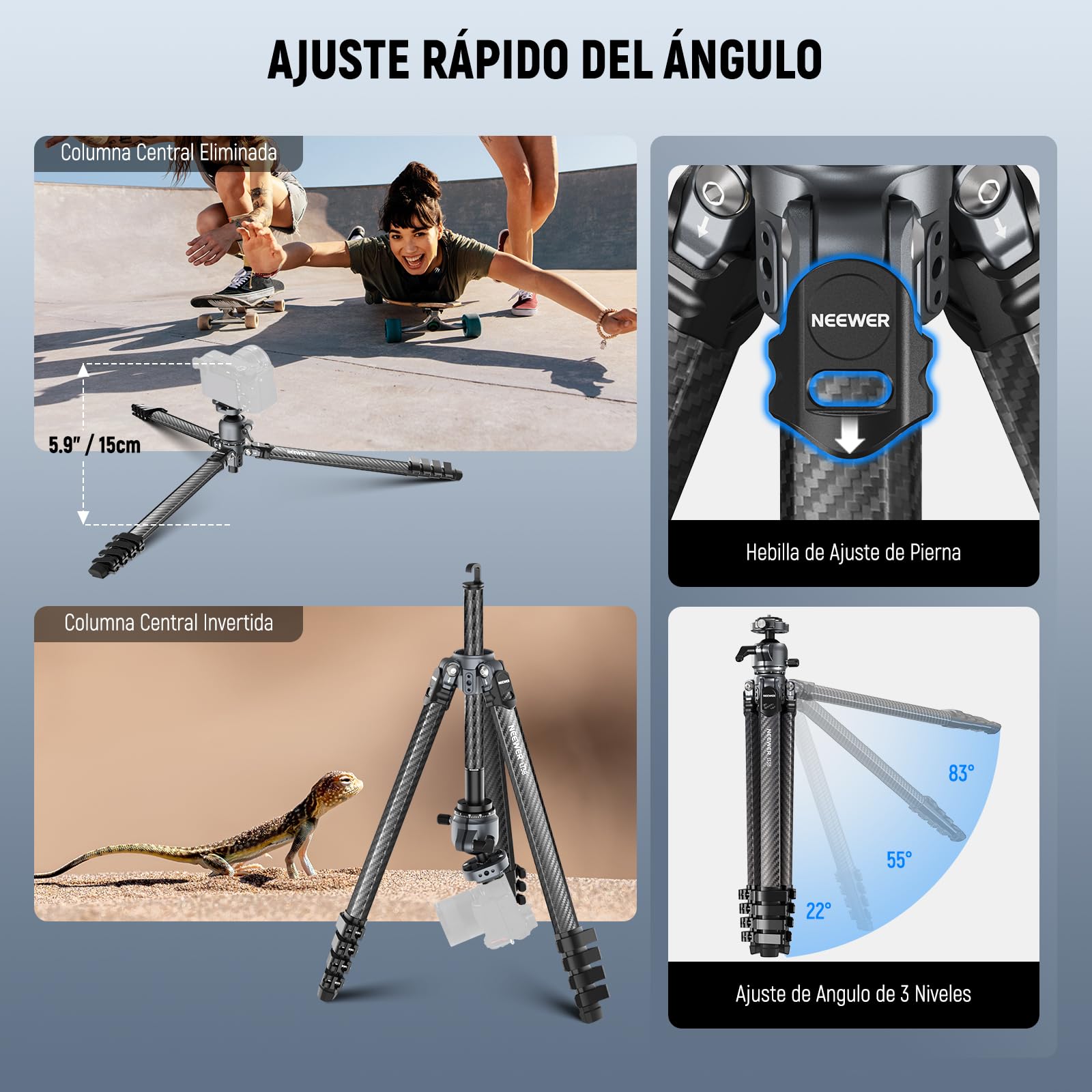 NEEWER LITETRIP LT38 - Trípode de Viaje para cámara de 61 Pulgadas, Soporte portátil de Fibra de Carbono, rótula de Bola de 360°, Placa de liberación rápida Tipo Arca Compatible con Peak Design Clip