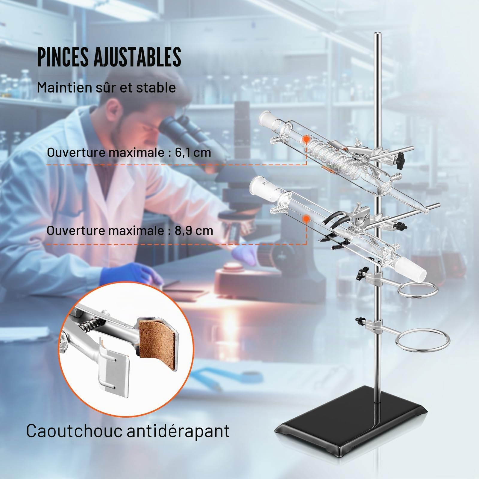VEVOR Support de Laboratoire, 2 Ensembles de Supports de Cornue de Laboratoire, en Acier, Tige de 60 cm et Base en Fonte de 21x13,5 cm, avec Pinces pour Flacons, Burettes et Pinces Croisées Médecine