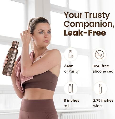 Miniatura 8 de Otiem Botella de agua de cobre puro para agua potable, 34 onzas, color negro antiguo, mantente hidratado y disfruta de los beneficios ayurvédicos, a