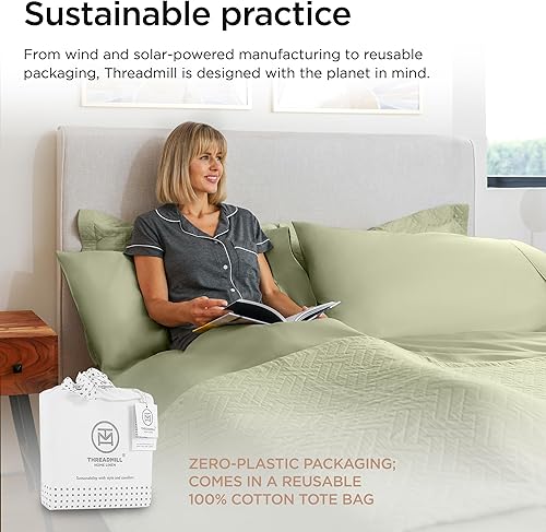 Miniatura 7 de Threadmill Home Linen Bedding - Juego de sábanas de 800 hilos, 100 % algodón de fibras extralargas, juego de cama de lujo, 4 piezas, tejido de satén