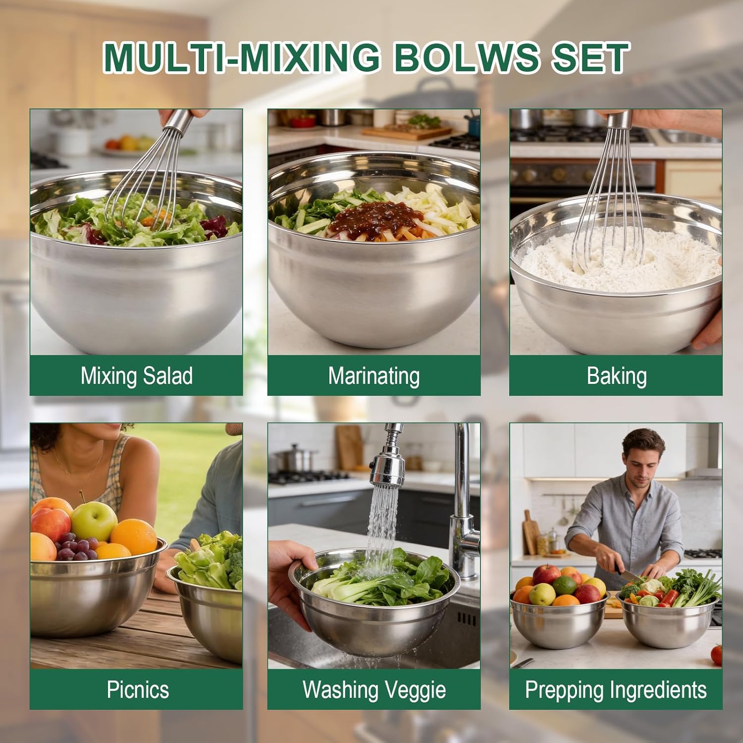 Mixing Bowls with Airtight Lids Set, 23PCS Stainless Steel Nesting Bowls, Kitchen Food Storage Organizers Nesting Mixing Bowl ，Size 5, 3，1.5QT for Mixing & Serving