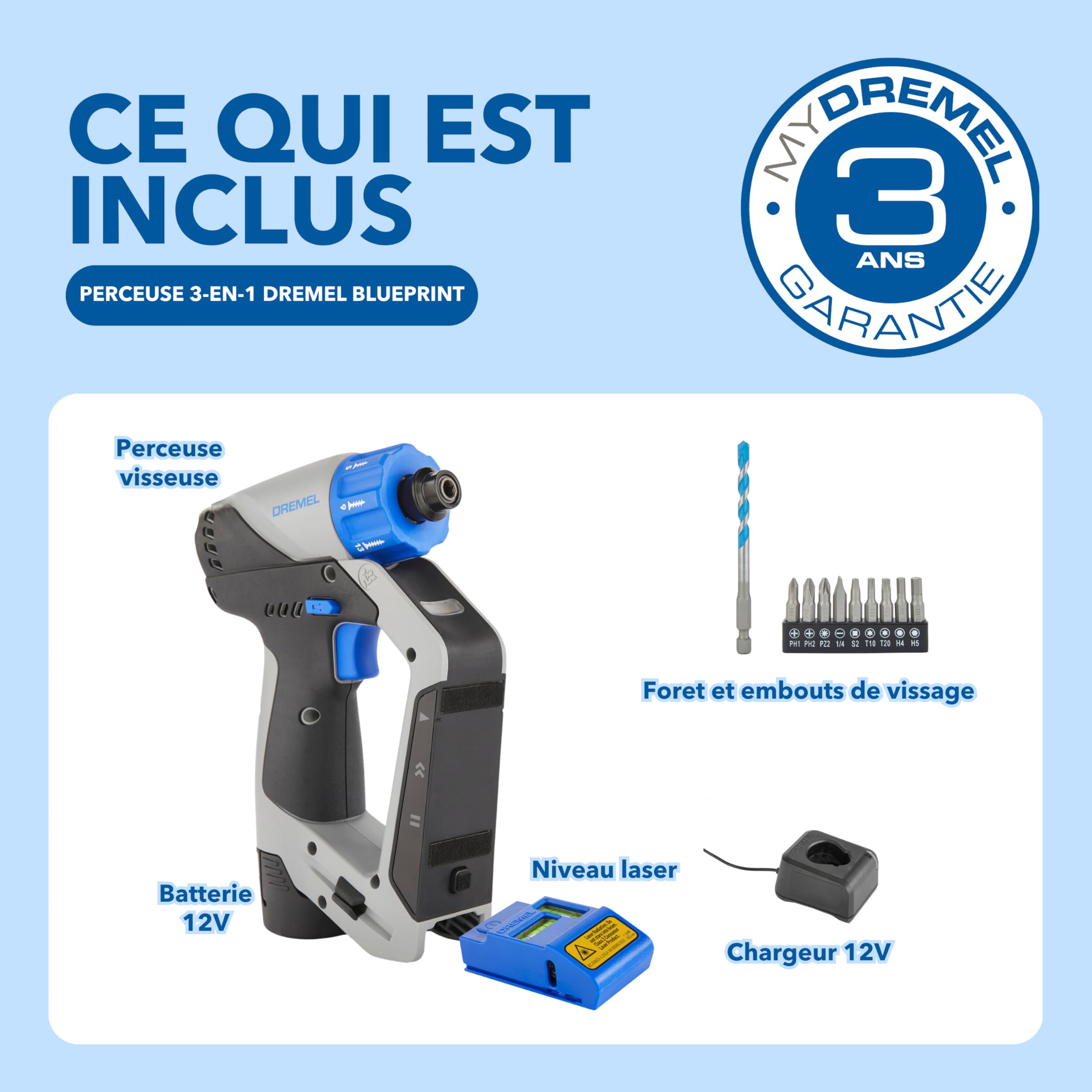 Dremel Blueprint 12V Perceuse-visseuse sans fil 3-en-1 avec détecteur de montants intégré, niveau laser et à bulle amovible, 9 embouts de vissage, 1 foret multi-matériaux