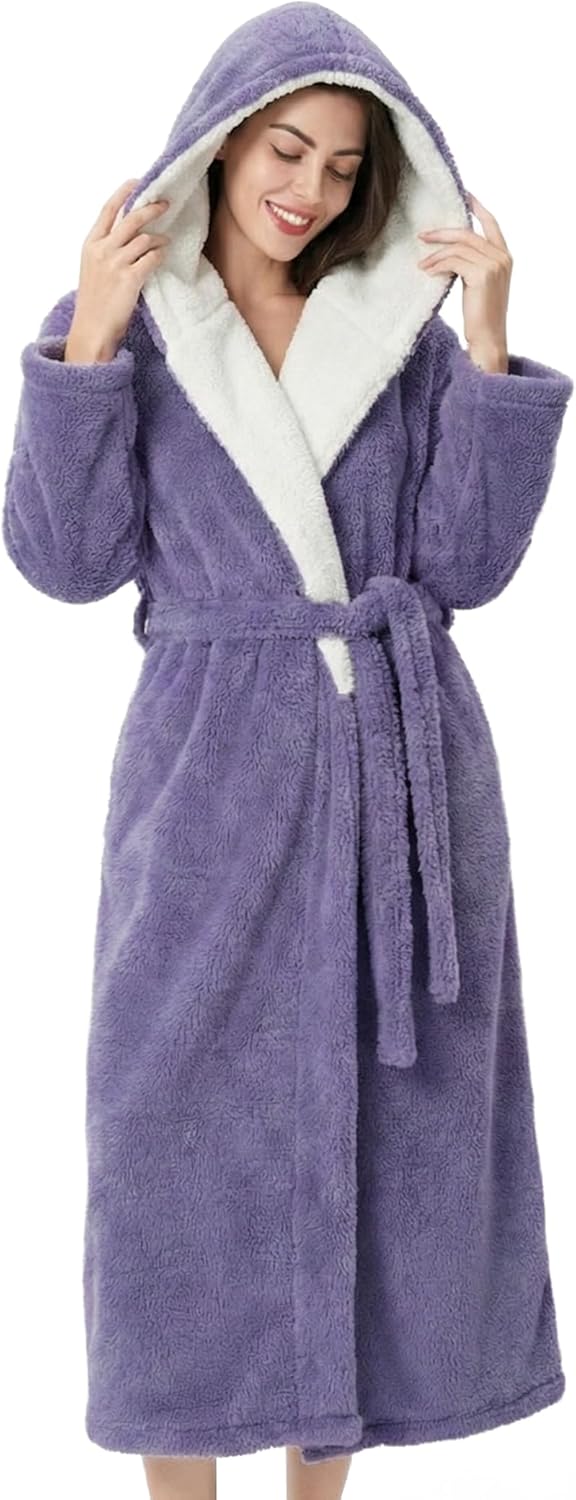 DAVID ARCHY Plush Robes for Women Warm Thick Fleece Fluffy Luxury Cozy Soft Hooded Bathrobe Winter House Full Length