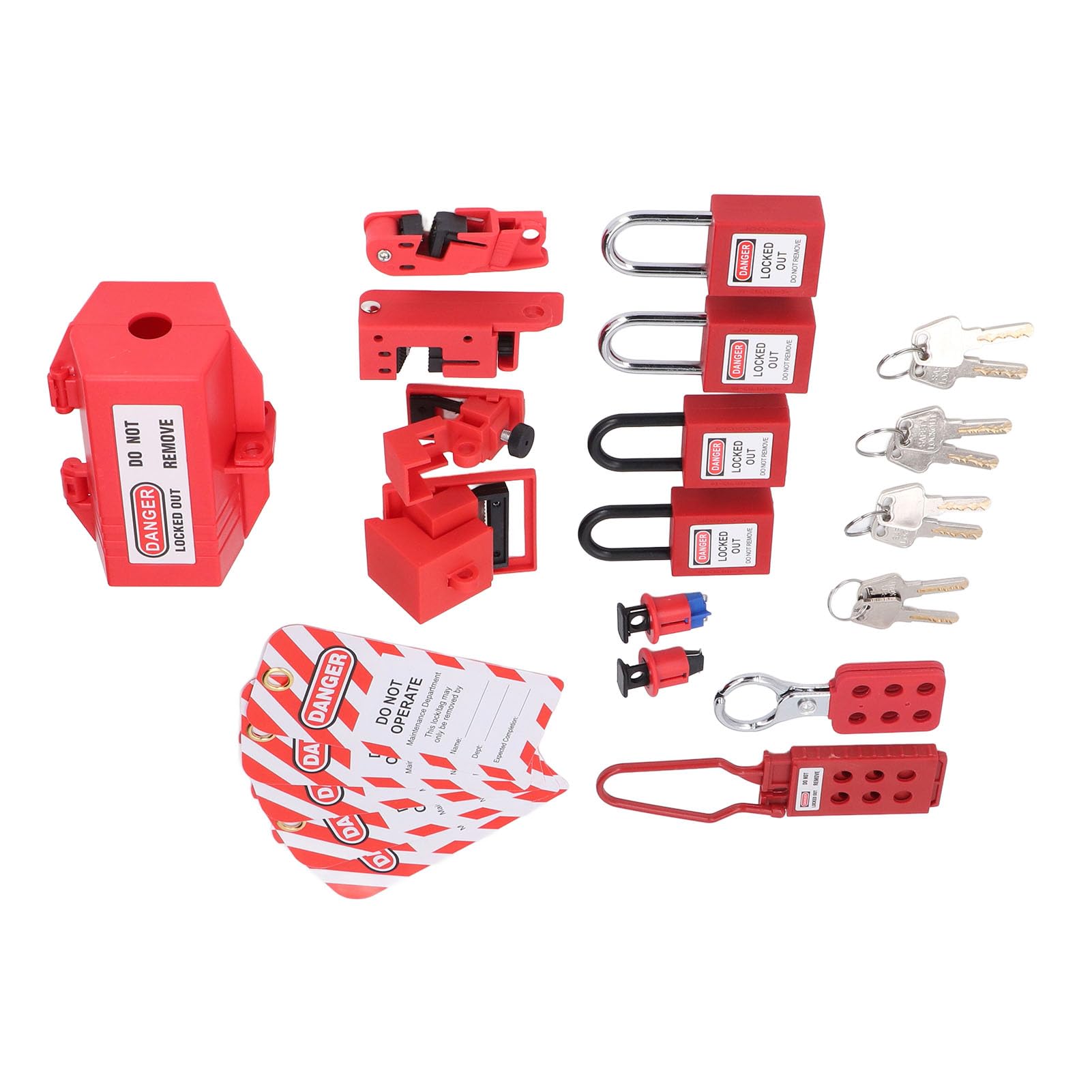 Kit de Verrouillage électrique, Pince sur Disjoncteur Multipolaire, 4 Serrures Loto (2 Clés par serrure), Serrures à Prise, 2 Moraillons, 5 étiquettes de Verrouillage, Serrures