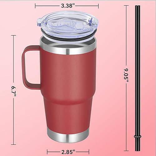 Miniatura 4 de Abbrevi Vaso de acero inoxidable de 20 onzas con asa, taza de viaje para café con aislamiento de metal, taza de viaje con asa y tapa, color rojo