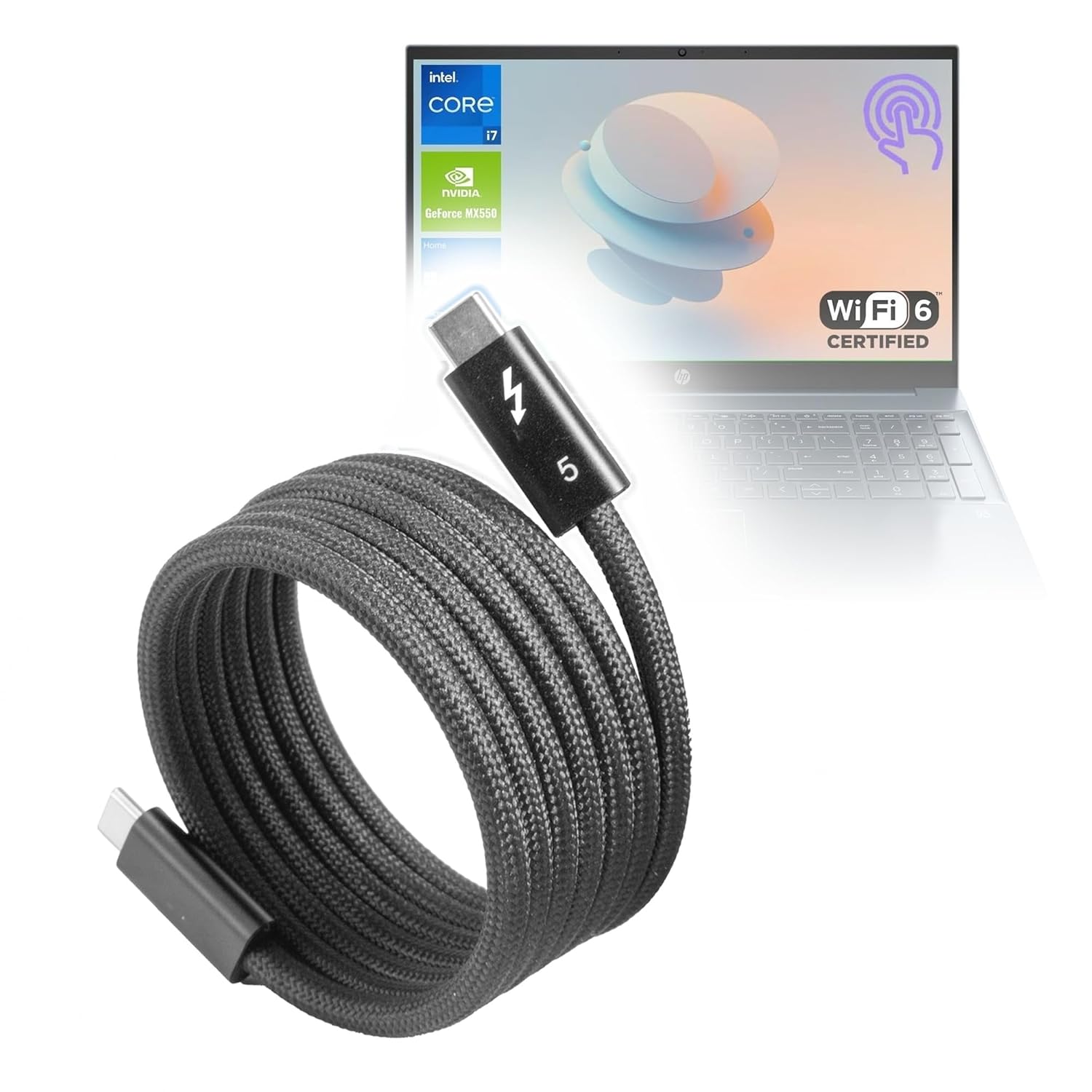 BoxWave Cable Compatible with HP 15.6 Touch I3-1355 (15.6 in) - SnapWrap Thunderbolt 5.0 Cable (5ft 240W), Magnetic Self-Coiling Nylon Braided Retractable - Jet Black