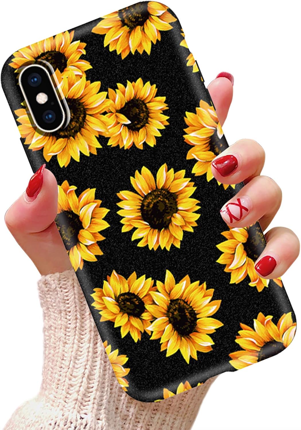LYWHL iPhone Xs Max Case Sunflower Never Fade Flexible Silicone Frosted Case for Girls Women, Shock-Absorption Anti-Scratch Soft TPU Cute Flower Case Cover for iPhone Xs Max 6.5 inch (Black)