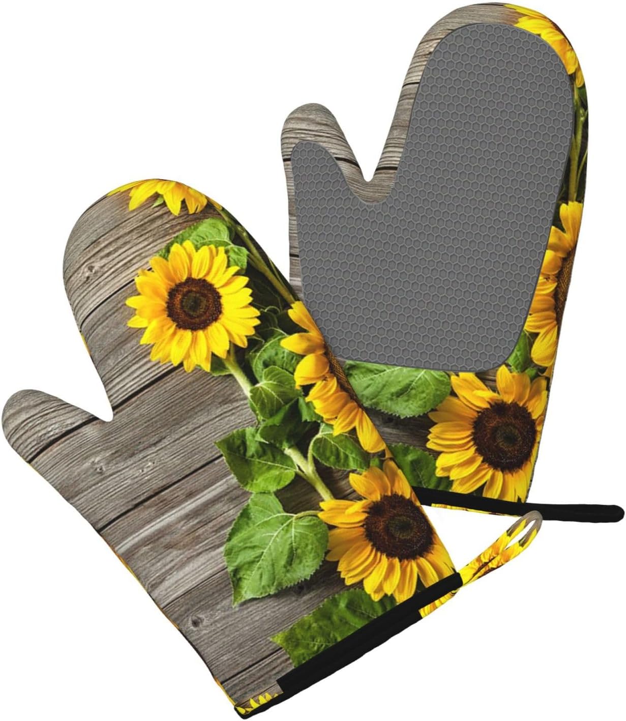 Plants Theme Sunflower Oven Mitts and Pot Holders Set of 4 Heat Resistant Kitchen Gloves with Silicone Palm Hot Pads for Baking Cooking Grilling BBQ