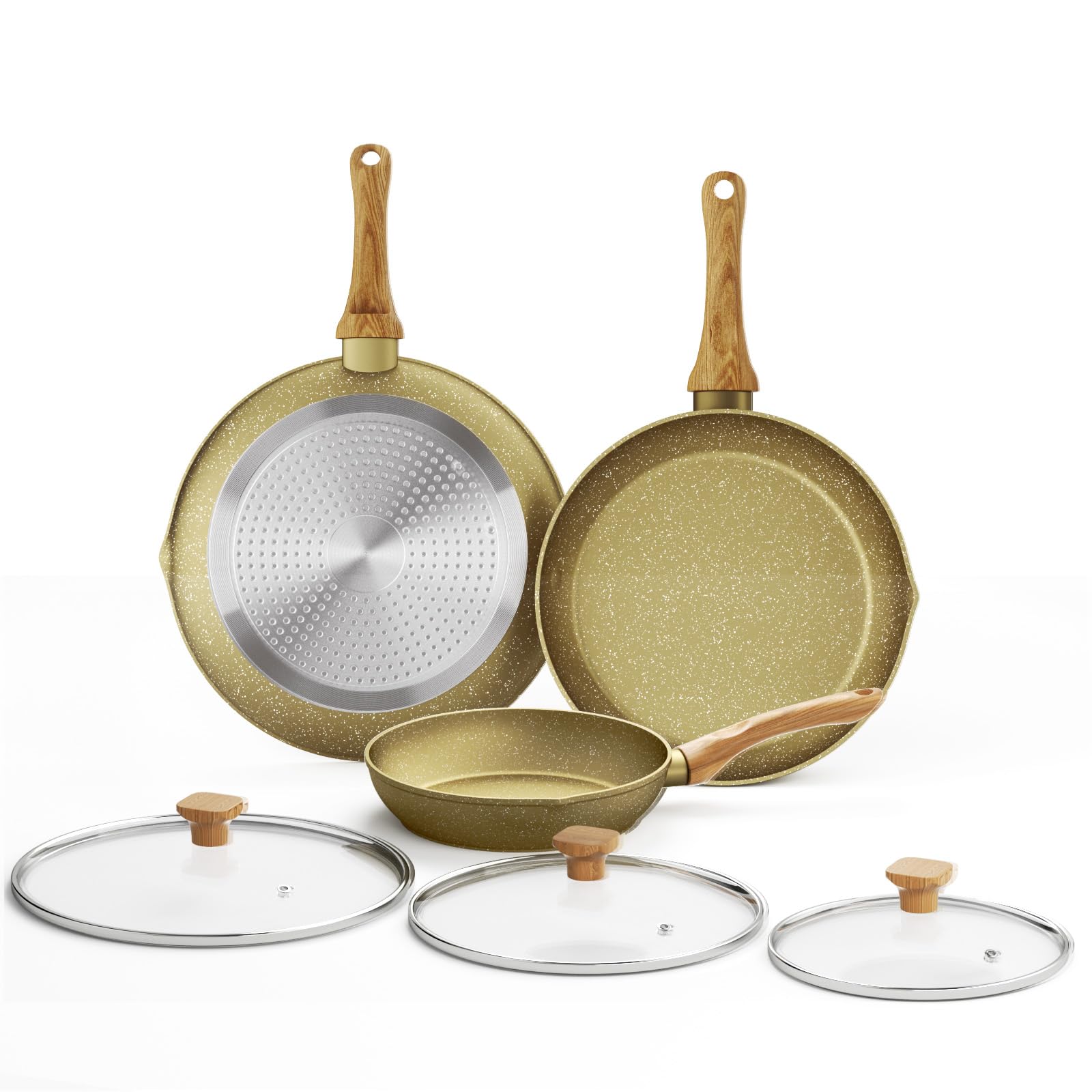 Nonstick Frying Pan Set With Lids,Non Stick Frying Pans Gold Granite Induction Cookware Set,Egg Omelette Skillet Set W/Lid,Healthy Kitchen Cooking Pans,PFOA Free