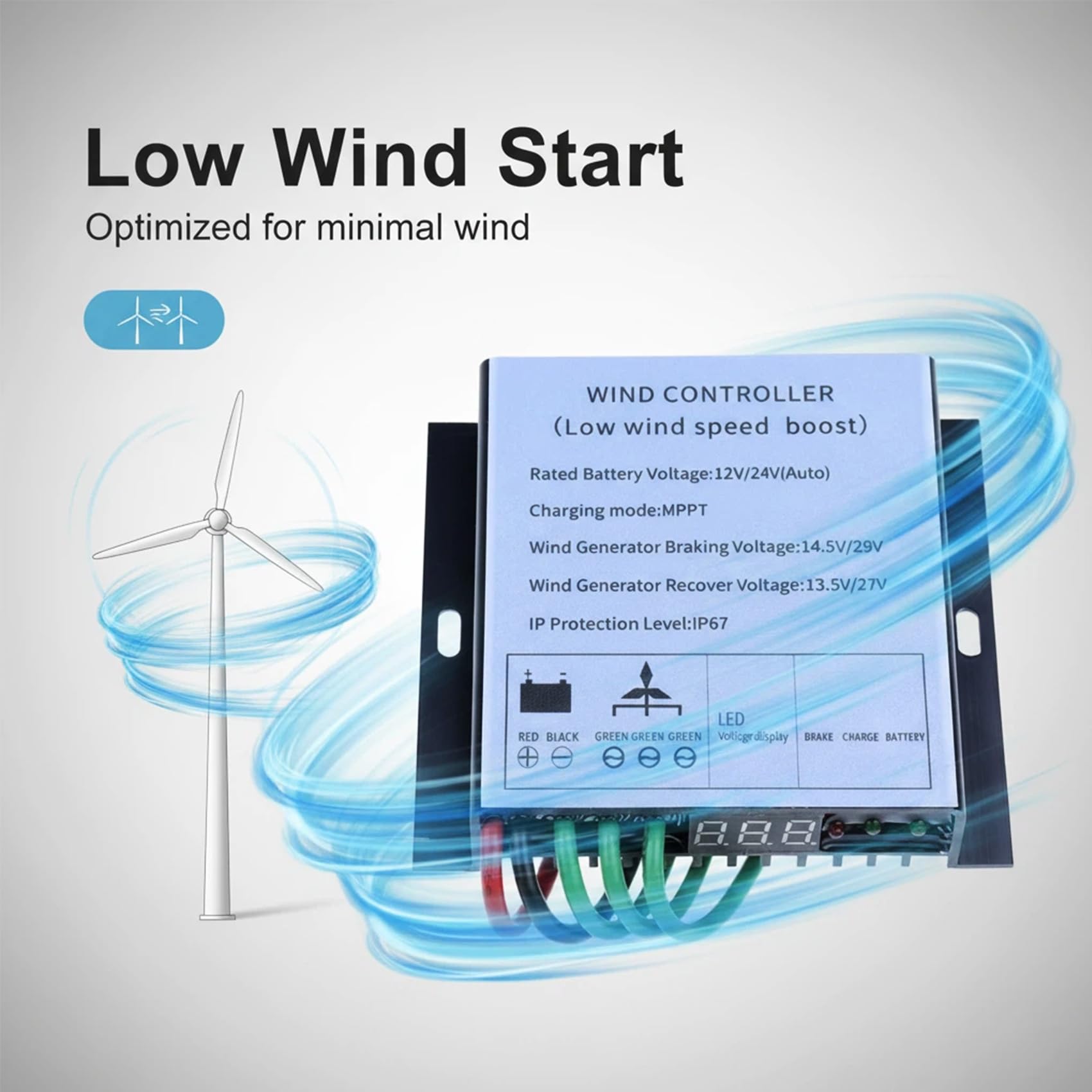 12V 24V 48V 220V Tragbare Windturbine MPPT-Regler | IP67 wasserdichter Windgenerator-Laderegler mit digitaler LED-Anzeige für kleine netzunabhängige Windkraftprojekte