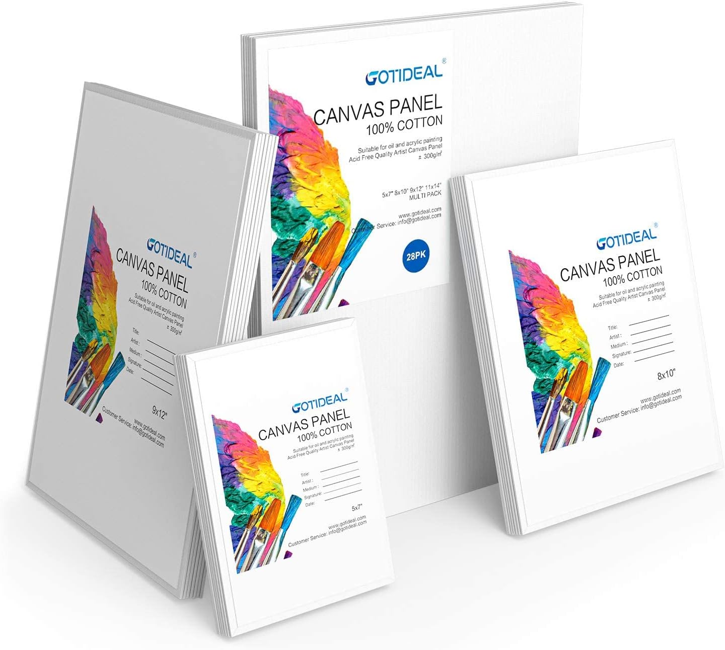 GOTIDEAL Canvas Boards for Painting Multi Pack, Primed 5x7", 8x10", 9x12", 11x14" Set of 28, White Blank Canvas Panel- 100% Cotton Artist Canvases Pack for Painting, Acrylic Paint, Oil, Watercolor