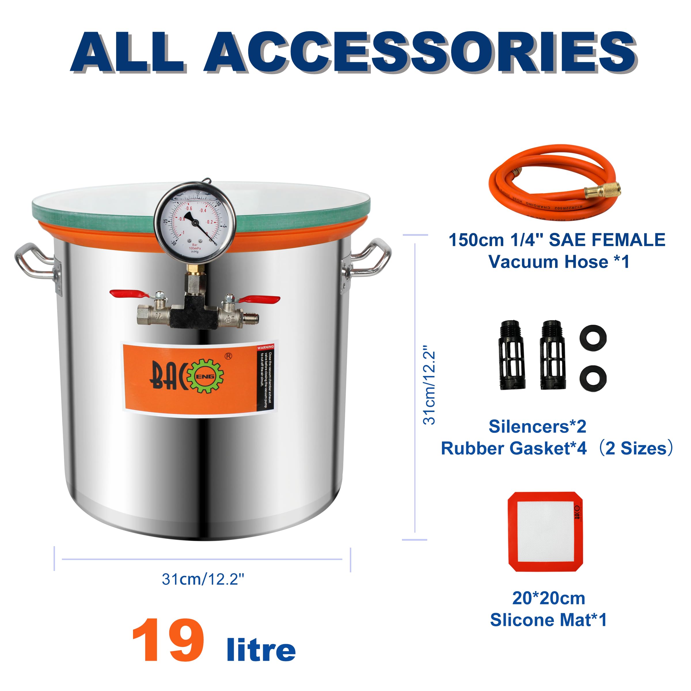 BACOENG Camera a Vuoto da 19 Litri con Coperchio in Vetro Temperato, Secchio Sottovuoto in Acciaio Inox 201, Camera di Degasaggio Contenitore Vuoto per Degasazione Stabile di Legno Resina Siliconica