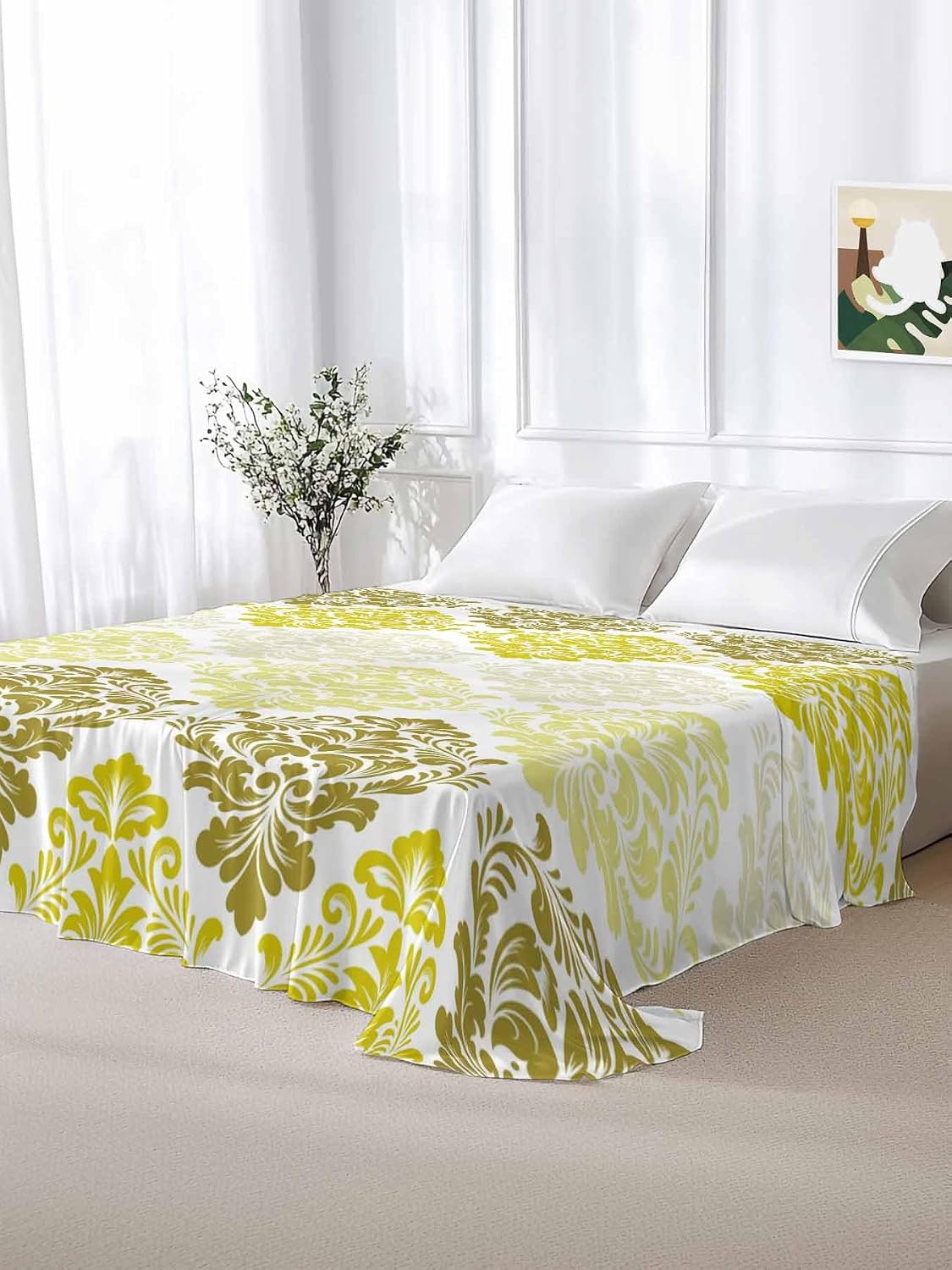 Top Sheet Full Bedding Flat Sheet Only, Mid Century Retro Yellow Floral Art Microfiber Bed Sheets Soft Breathable Bedding Flat Sheets, Vintage Flower Texture Hotel Luxury Top Sheets