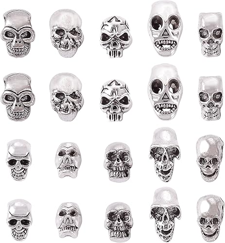 Beadthoven - 50 cuentas de calavera de Halloween de 10 estilos, cuentas de calavera de plata antigua, espaciadores surtidos de mini cuentas de