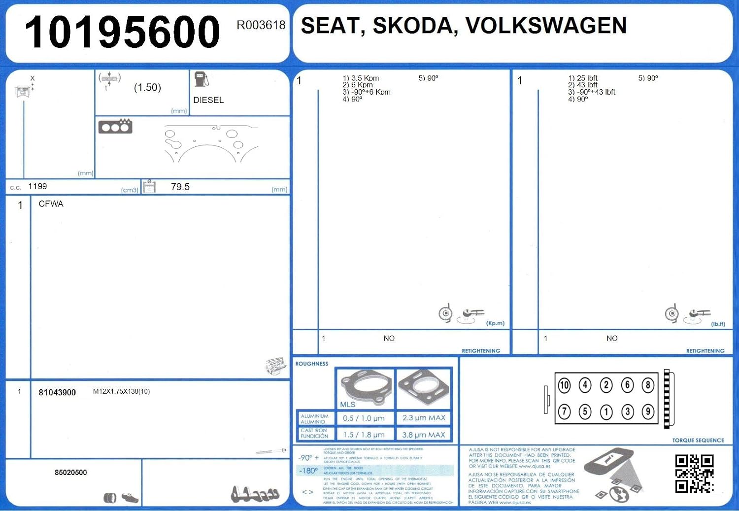 Ajusa 10195600 Gasket cylinder head