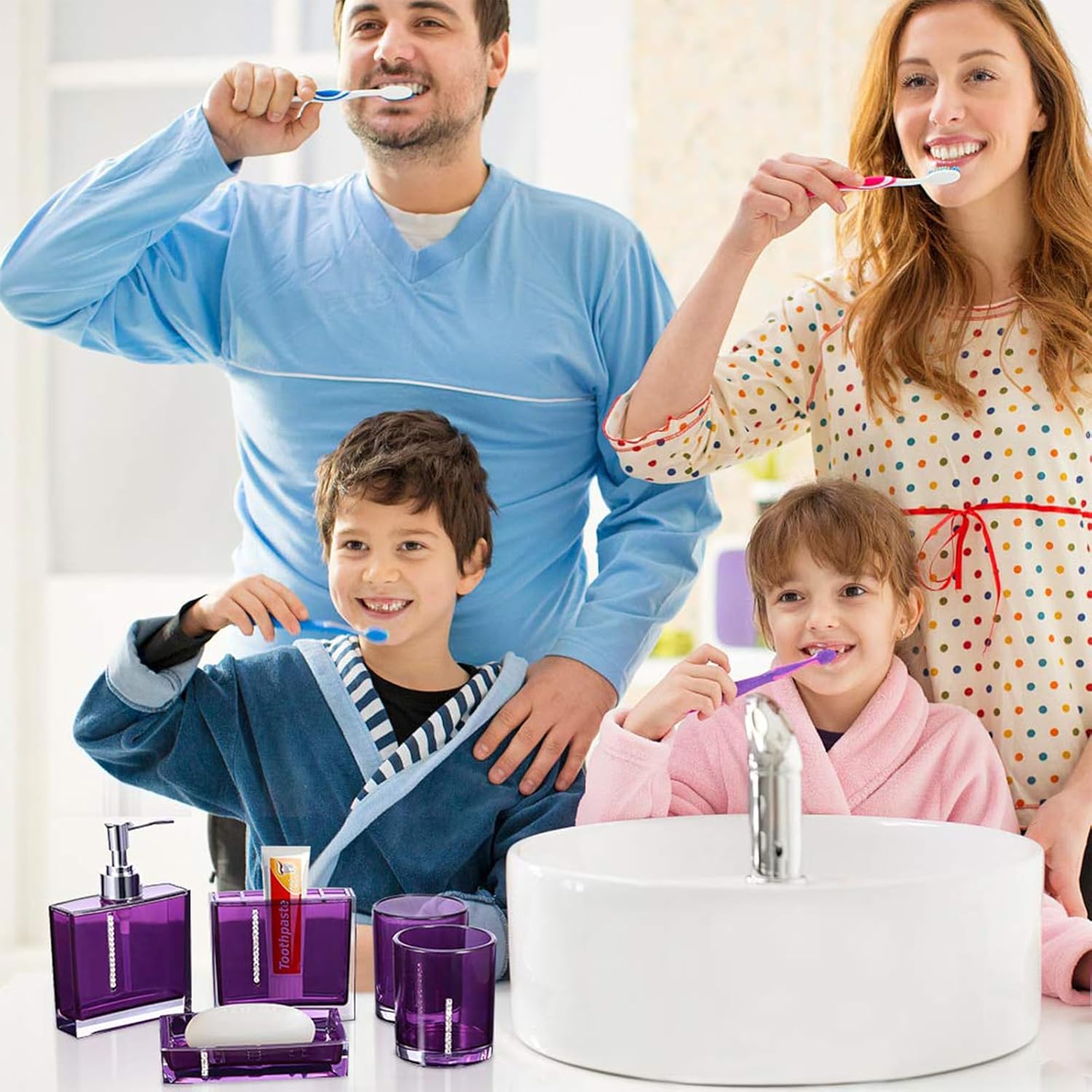 5個 クリスタルライクアクリルバスルームストレージセット 歯ブラシホルダー ソープディスペンサー 液体ローション容器 バニティオーガ