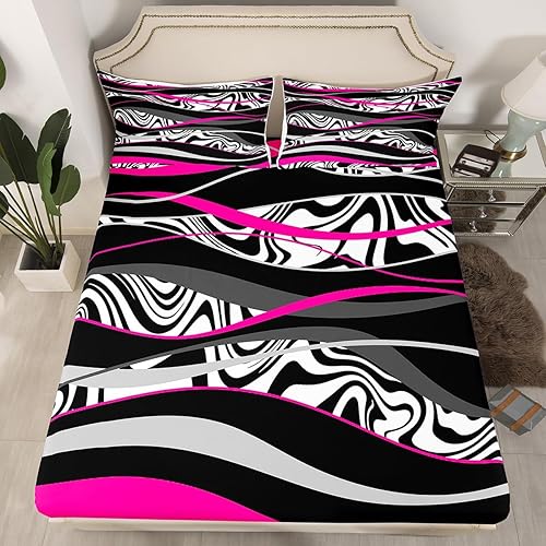 Miniatura 8 de Manfei Sábana bajera ajustable gris naranja tamaño matrimonial, funda de cama circular de rayas onduladas abstractas con 2 fundas de almohada, juego