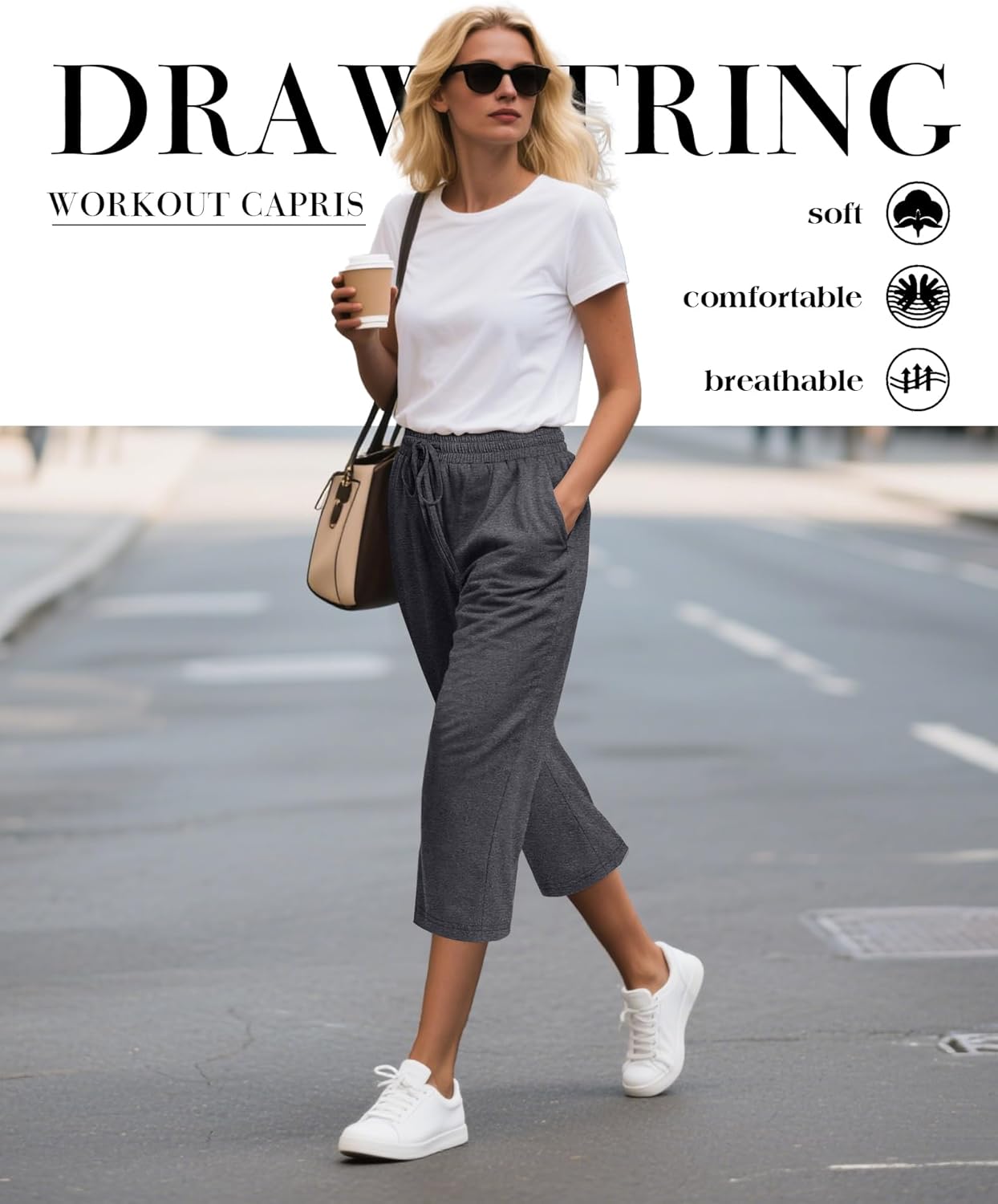 Neer 4 Pack Women's Capri Pants, Cotton Drawstring Yoga Capri Sweatpants Summer Lounge Loose Fit Cropped Pants with Pockets