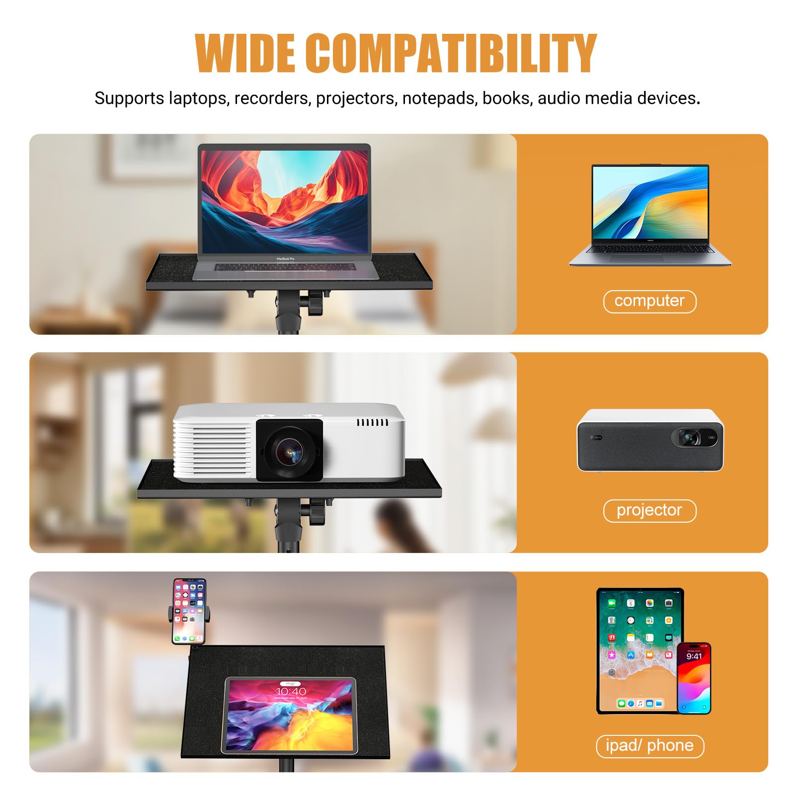 Projektor Stativ von 91 bis 119 cm, Höhenverstellbarer Laptop Stativ mit Gooseneck Telefon Halter, Universal Projektor Stativ für Heimkino, Bühne, Büro, DJ Racks