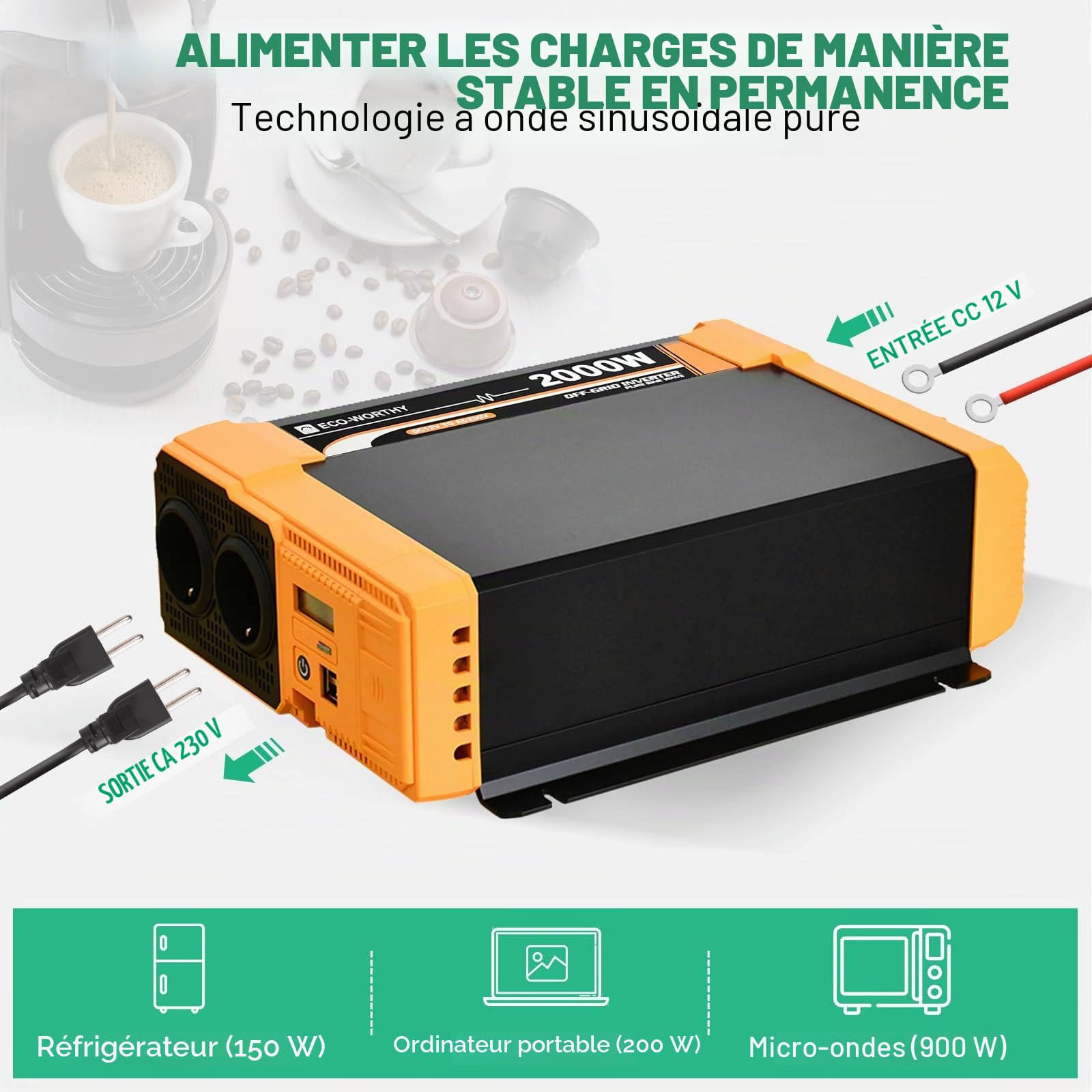 ECO-WORTHY Onduleur sinusoïdal pur 12 V 2000 W, 95 % efficace, double port USB 18 W, 2 prises AC, 1 pince de serrage et 1 fusible 100 A, Moderne, Navy, White