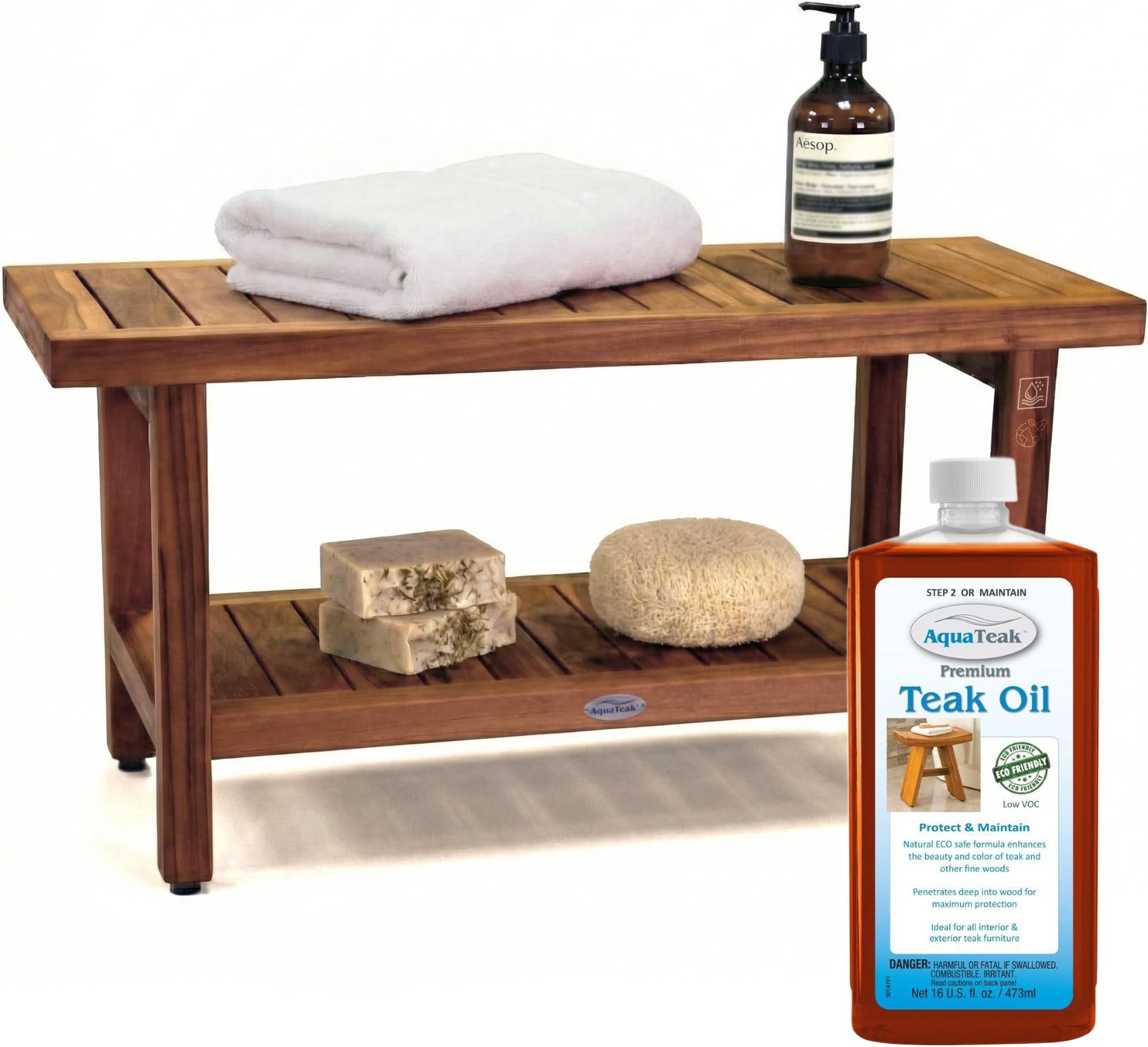 The Original 36" Spa Teak Shower Bench - Shower Stool with Storage Shelf & Premium Teak Oil - Durable Water Resistant Shower Chair - Shaving Foot Rest - Indoor & Outdoor Use