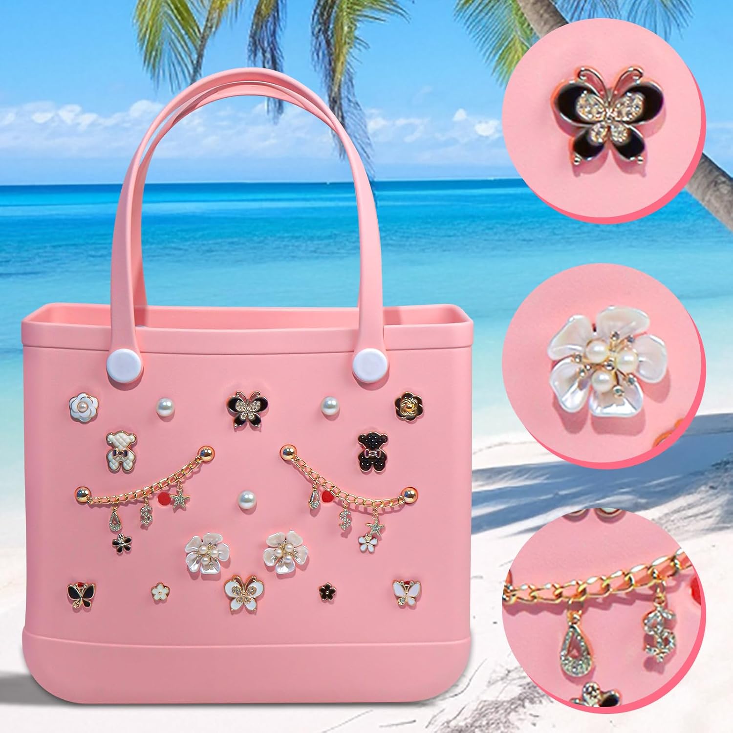 Charms for Bogg Bag, Pearls Butterfly Flowers for Bogg Bag Accessories Charms, Gold Charm & Bling Pendant Chain Compatible with Simply Southern Beach Bags Tote, Insert for Rubber Beach Tote Handbag Birthday(22 Pcs) - Image 6