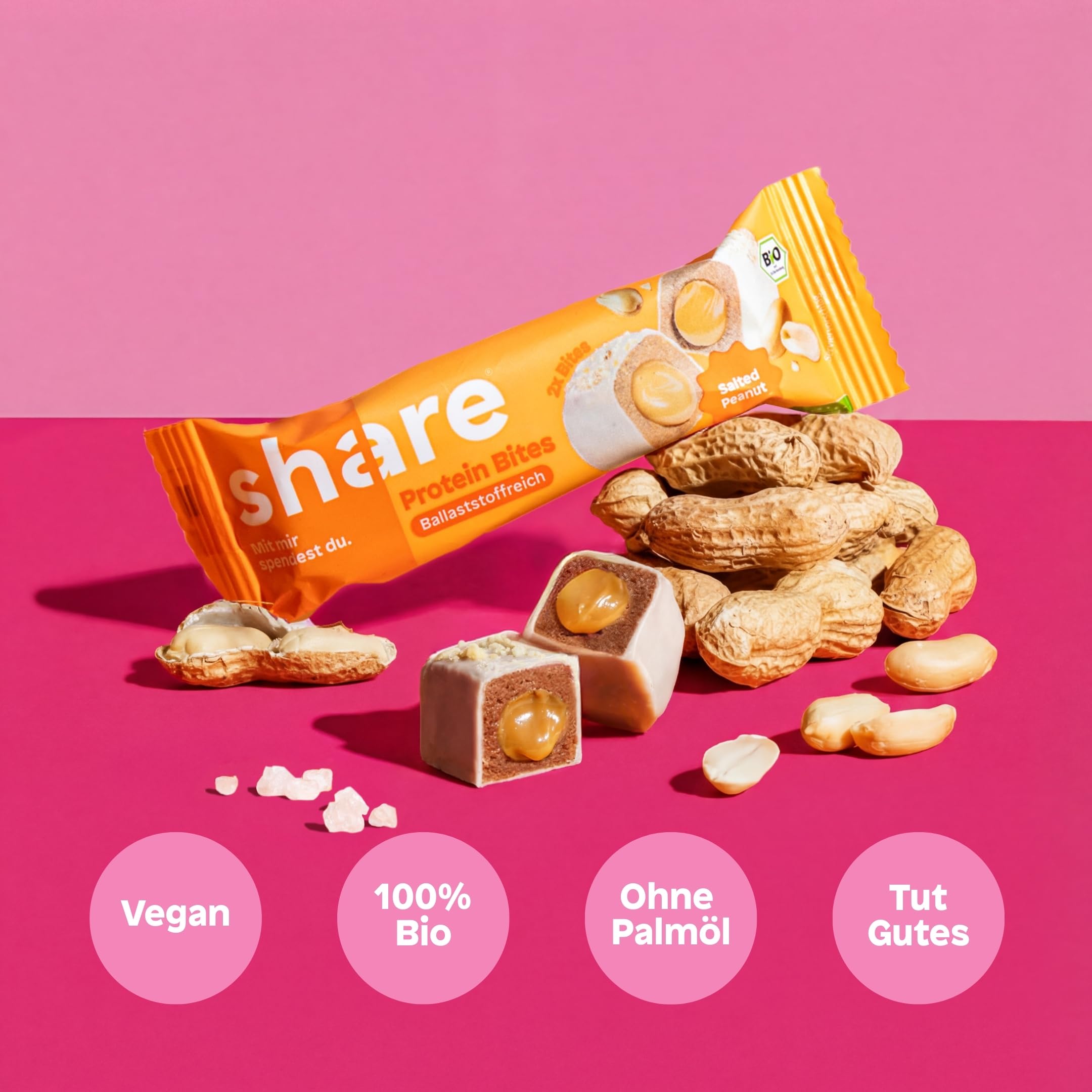 share Bio Protein Bites Salted Peanut (15x40g) | Veganer Proteinriegel 23% Eiweiß, Ballaststoffreich, Ohne Palmöl, Jeder Kauf spendet, Proteinquelle, Cremige Nussmus-Füllung