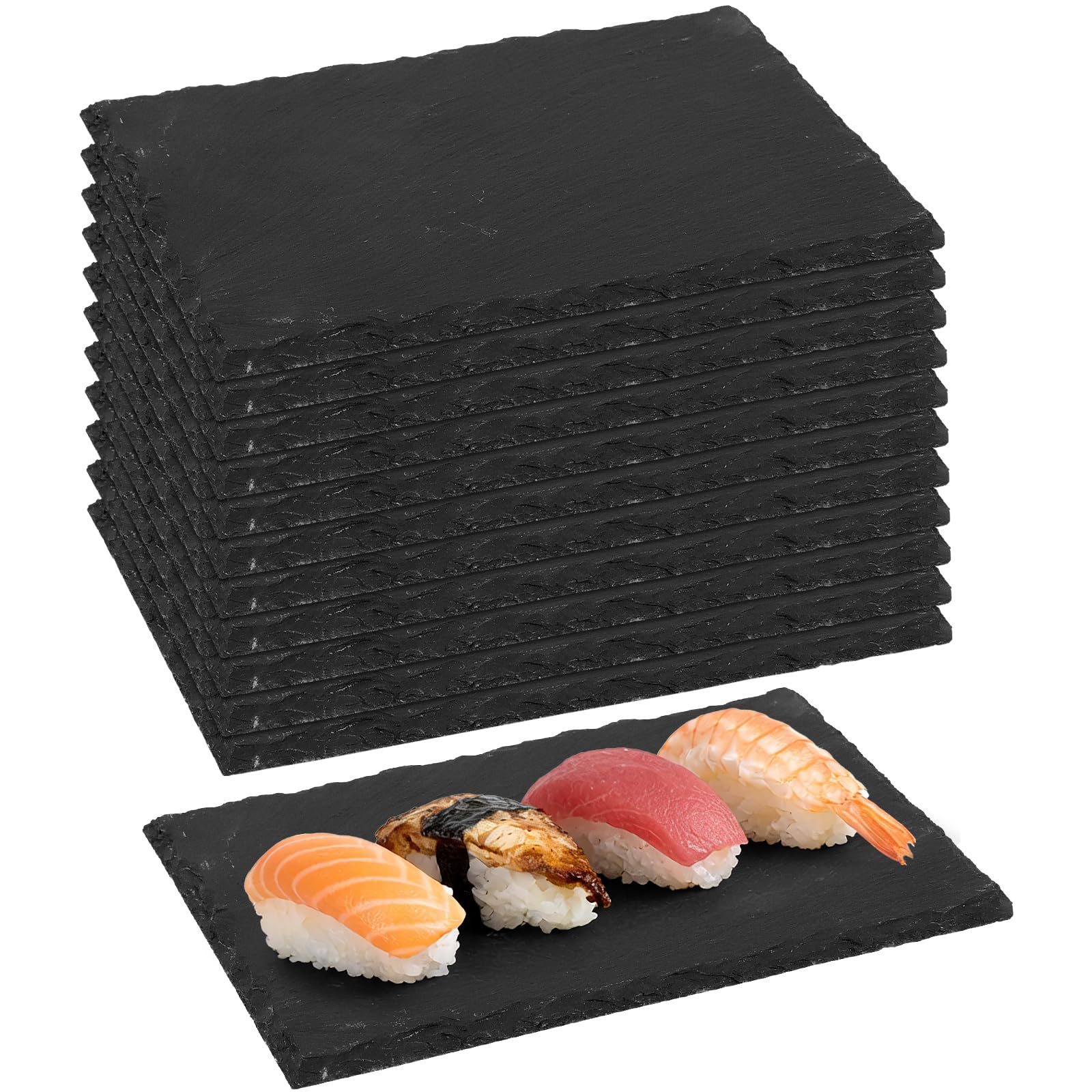 Juego de 12 placas de pizarra de 23 x 15 cm, rectangulares de piedra natural, platos de sushi oscuros y tablas de queso, posavasos rústicos de piedra para gastronomía
