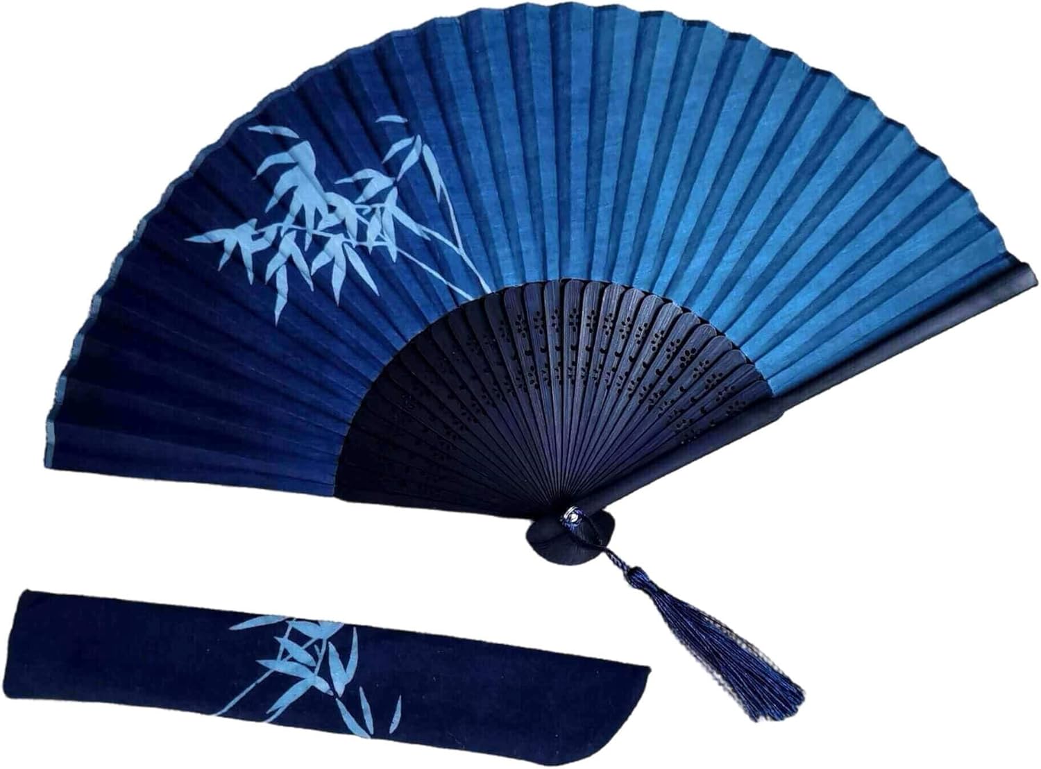 Japanese Folding Fans Shibori Tie-Dye | Cotton Bamboo Handheld Fan for Dancing Cosplay Wedding Party Props Decoration, Natural Pland-Dyed (Indigo - A)