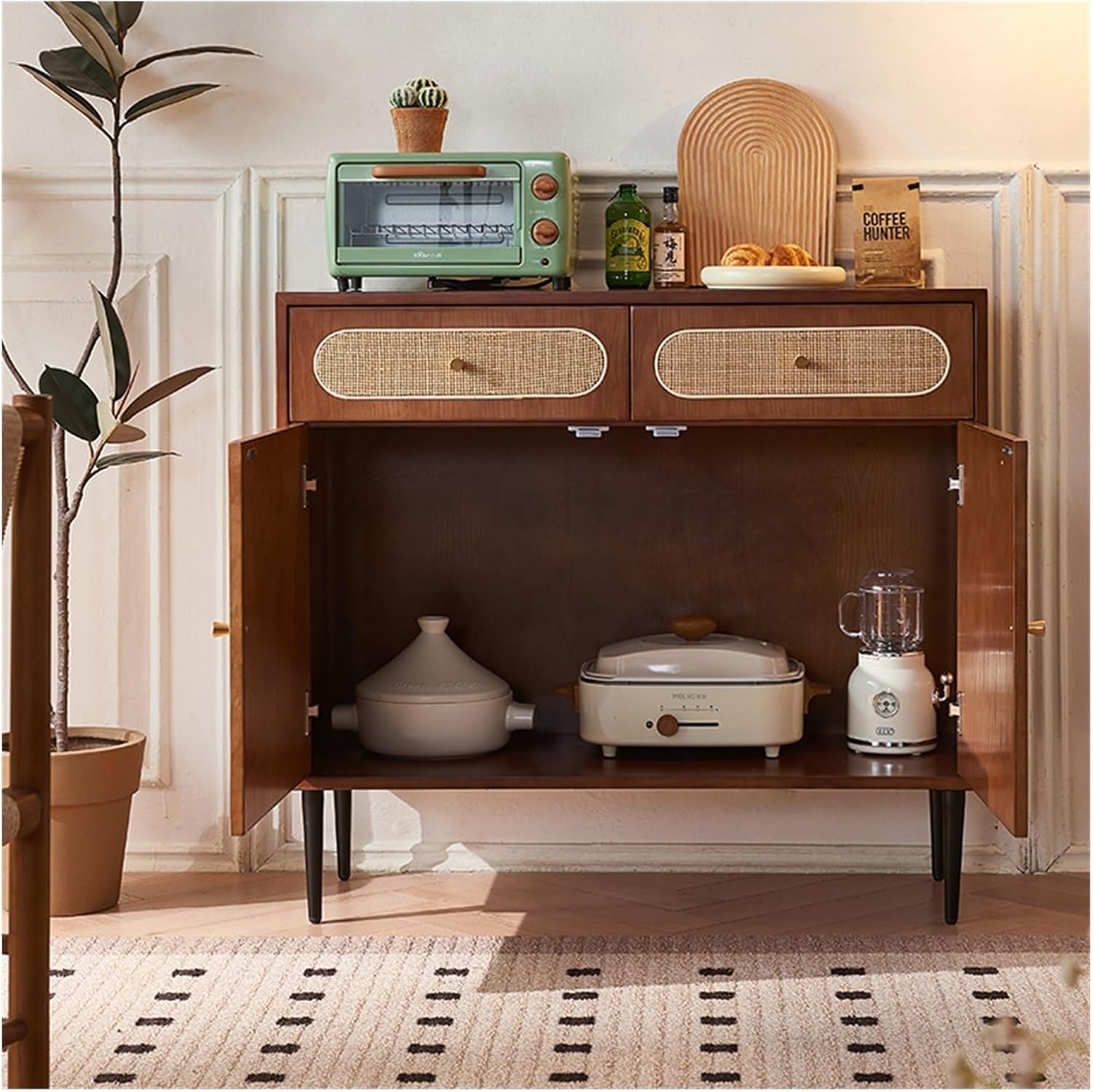 Sideboard Cabinet Solid Wood Sideboard Small Household Living Room Ash Rattan Wicker Storage Cabinet Console Coffee Table