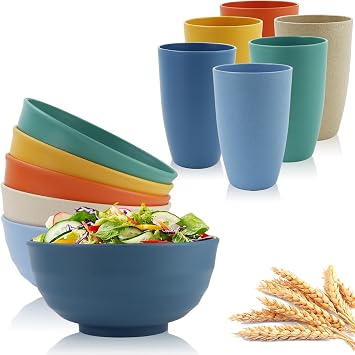 60 OZ Large Wheat Straw Bowls and 20 OZ Big Cups Set of 12, Lightweight & Unbreakable Bowls and Cups, Microwave Safe Large Salad Bowls Drinking Cups Multicolor
