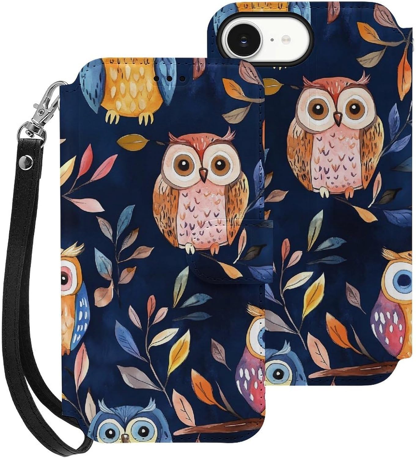 Colorful Owls and Leaves Compatible with iPhone 16/16 Plus/16 Pro/16 Pro Max/16 E Case Phone Wallet Card Holder Flip Cover with Wrist Strap