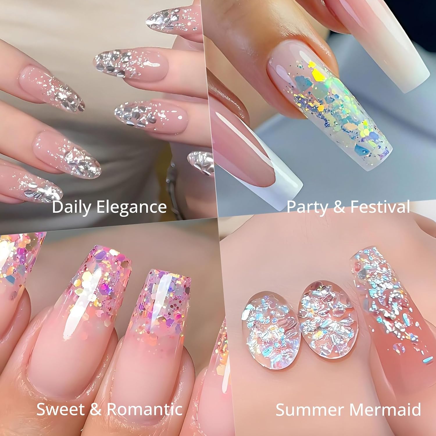 1 Box 12 Colors Holographic Chunky Nail Glitter Sequins & Flakes, Hexagon Nail Foil with Dewdrop Luster, Summer Mermaid Aurora Iridescent Decoration for DIY Festival Nail Art Supplies