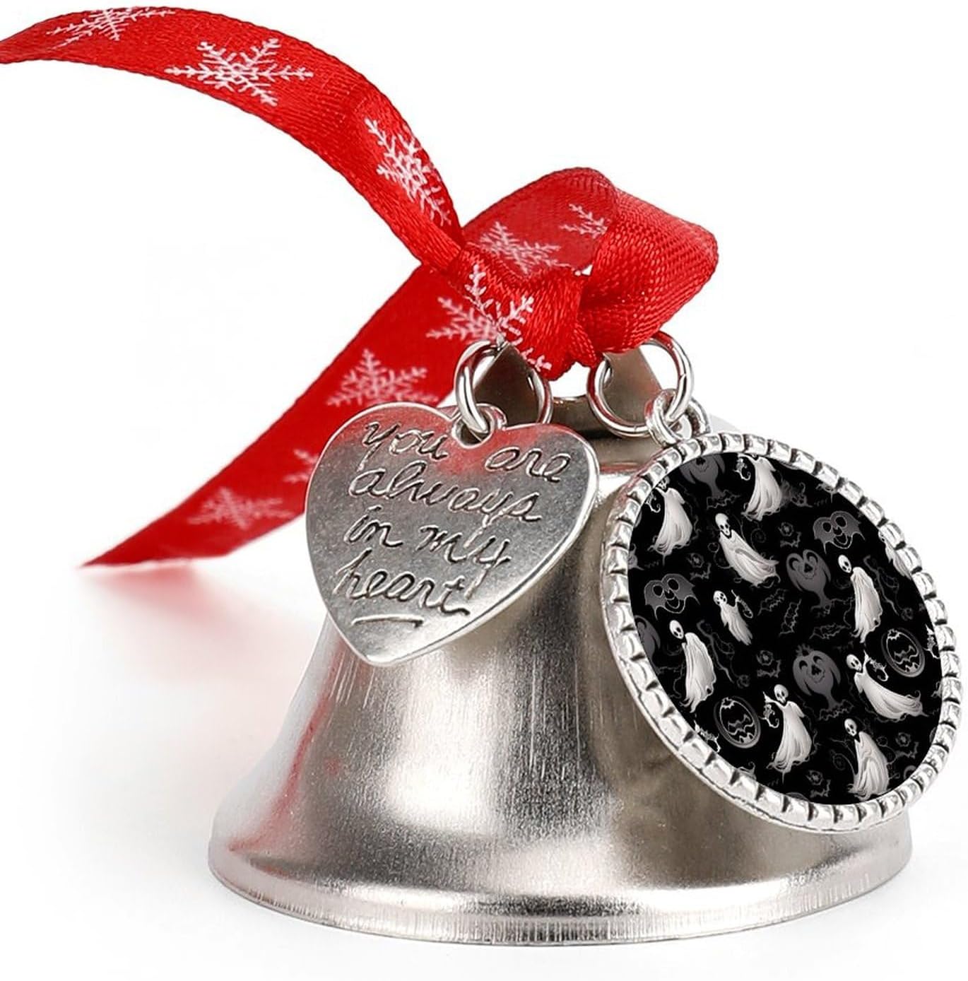 Christmas Bell,Christmas Tree Decorations with Heart Charms,Halloween Gothprinted Jingle Bell Hanging Ornament for Christmas Holiday Decoration