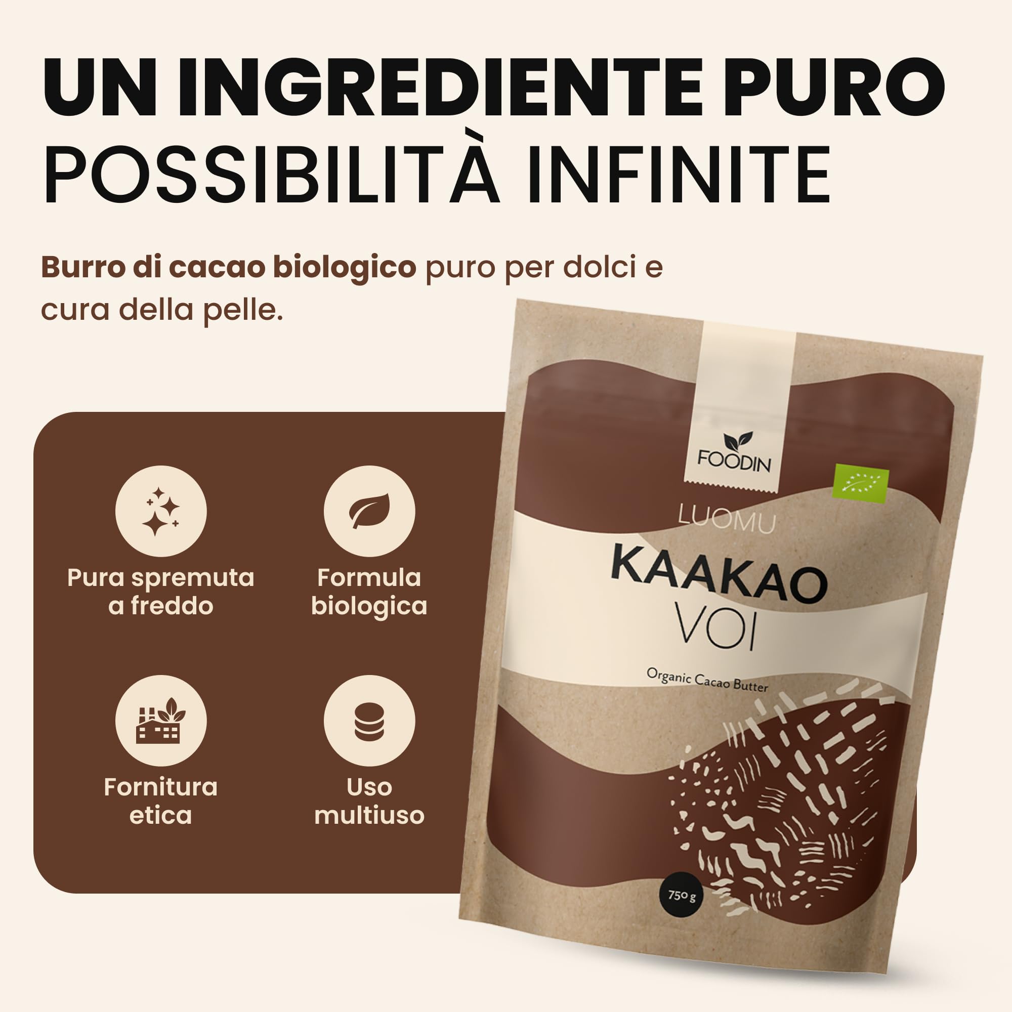 FOODIN Burro di Cacao Bio — Naturale per Cosmetica, Cucina e Dolci — Idratante, Dolce Profumo, Crudo e Sostenibile — 750g