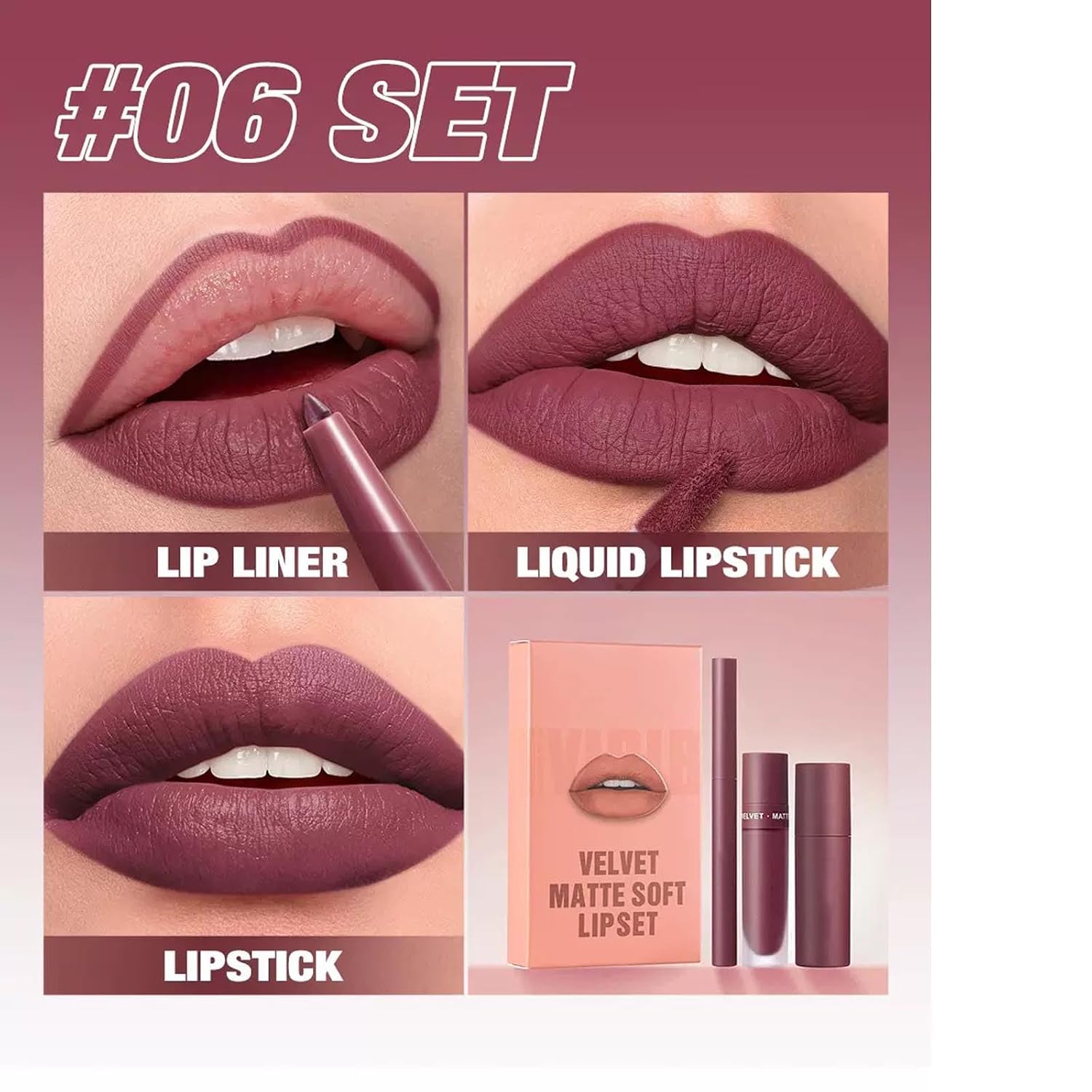 Matte Lip Liner Lip Stick Lip Oil Set, Lip Makeup Set Natural Smooth Long-Lasting And Hydrating Beauty Daily Cosmetics Gift for Girls Easy-to-Use(#06) image 2