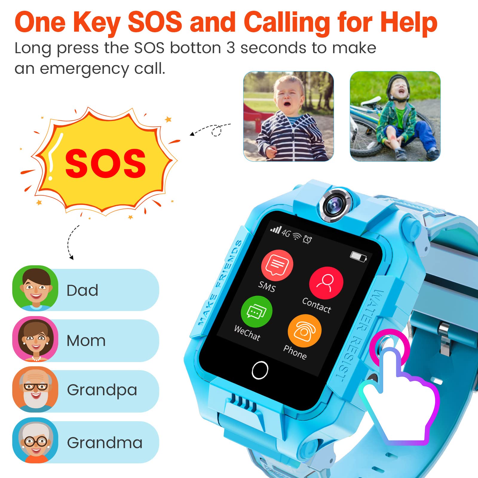 Ele ELEOPTION 4G smartwatch GPS per bambini Contapassi IP67 WiFi videochiamata SOS azioni 360° doppia fotocamera Smart Watch per ragazze e ragazzi (azzurro)