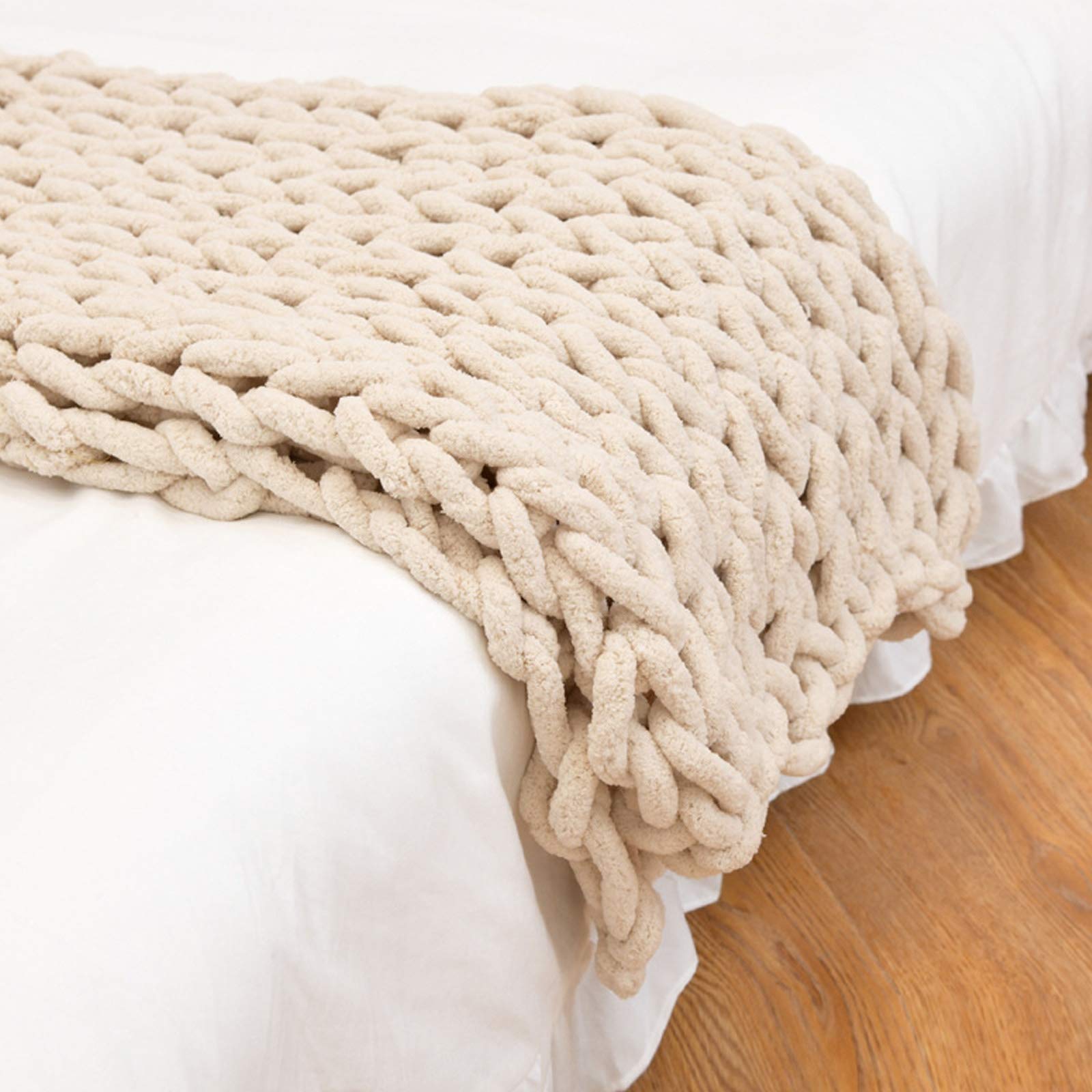 BWBG Handmade Chunky Knit Blanket Beige, Knitted Blankets Chunky Soft Cozy Chenille Casual 6CM Wide Knitted Warm Knitting Throw For Bedroom Decor Chair Sofa Pet Mat-80x100CM