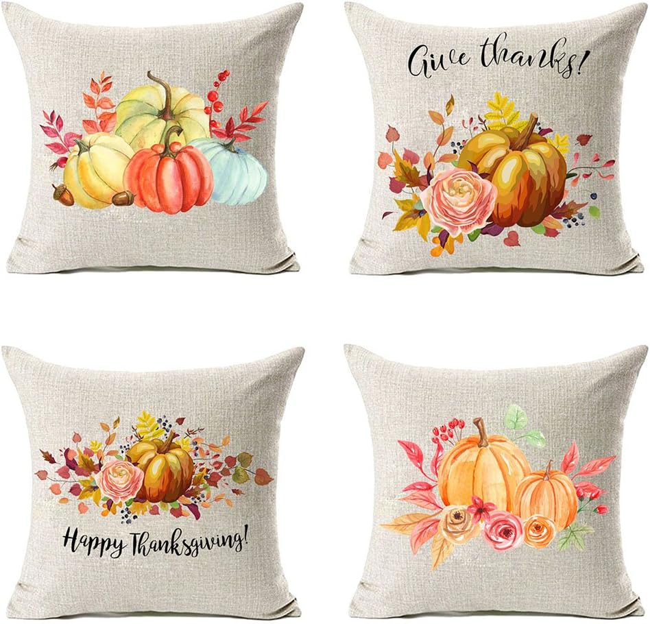 MFGNEH Fall Decor Flowers Pumpkin with Leaves Thanksgiving Decorations Cotton Linen Throw Pillow Cover 18x18 Inch Set of 4,Thanksgiving Gifts