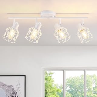 4-Lights Kitchen Light Fixtures Ceiling Mount, Adjustable Multi-Directional White Flush Mount Ceiling Light Fixture with Metal Cage, Modern Spot Ceiling Lamp for Hallway, Dining Room, Bedroom