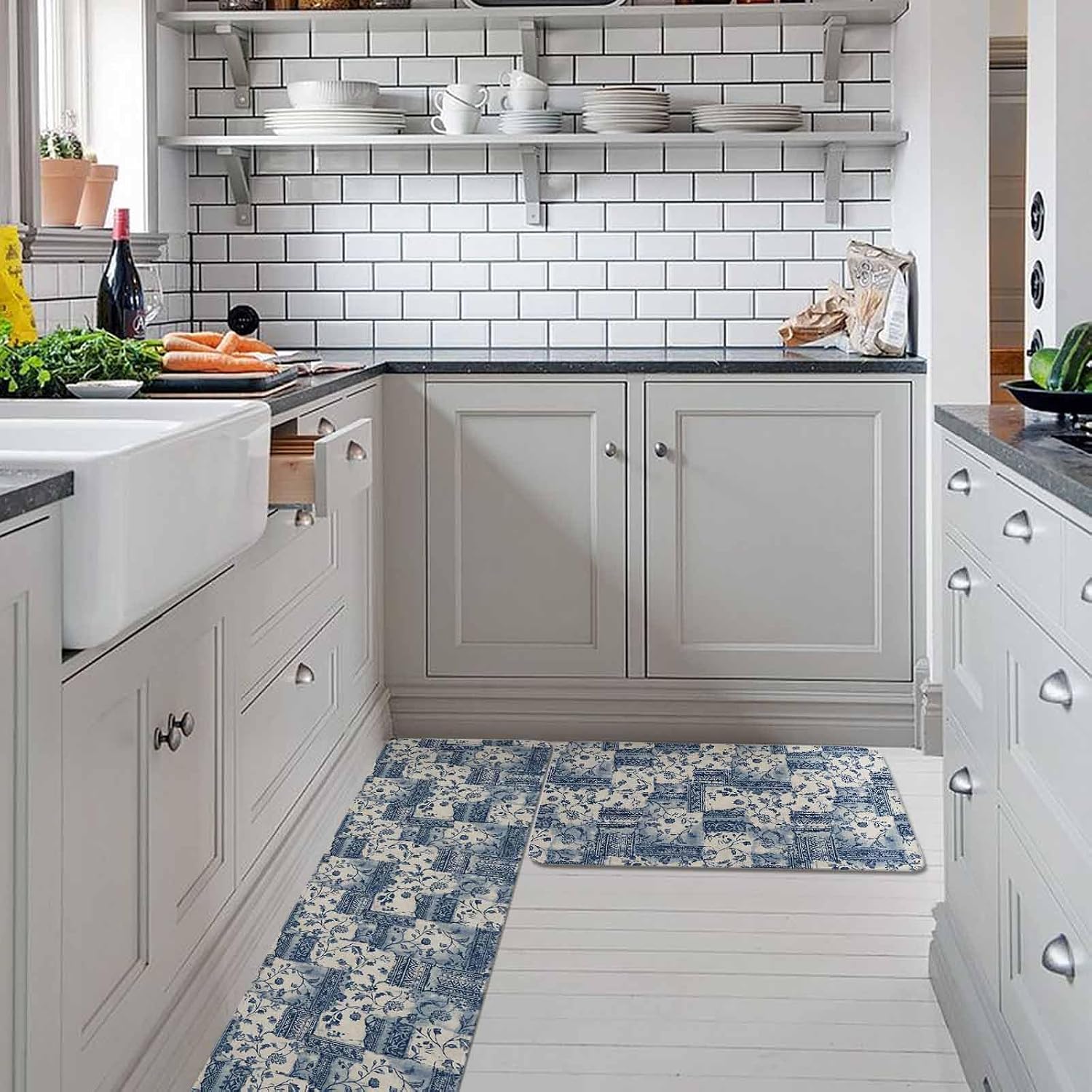 Watercolor Floral Kitchen Rugs and Mats Set of 2, Non-Slip Kitchen Sink Mat, Vintage Country Tribal Tie-dye Flowers Blue Washable Doormat Bathroom Rugs Runner for Bedroom 19.7"x31.5"+19.7"x63"