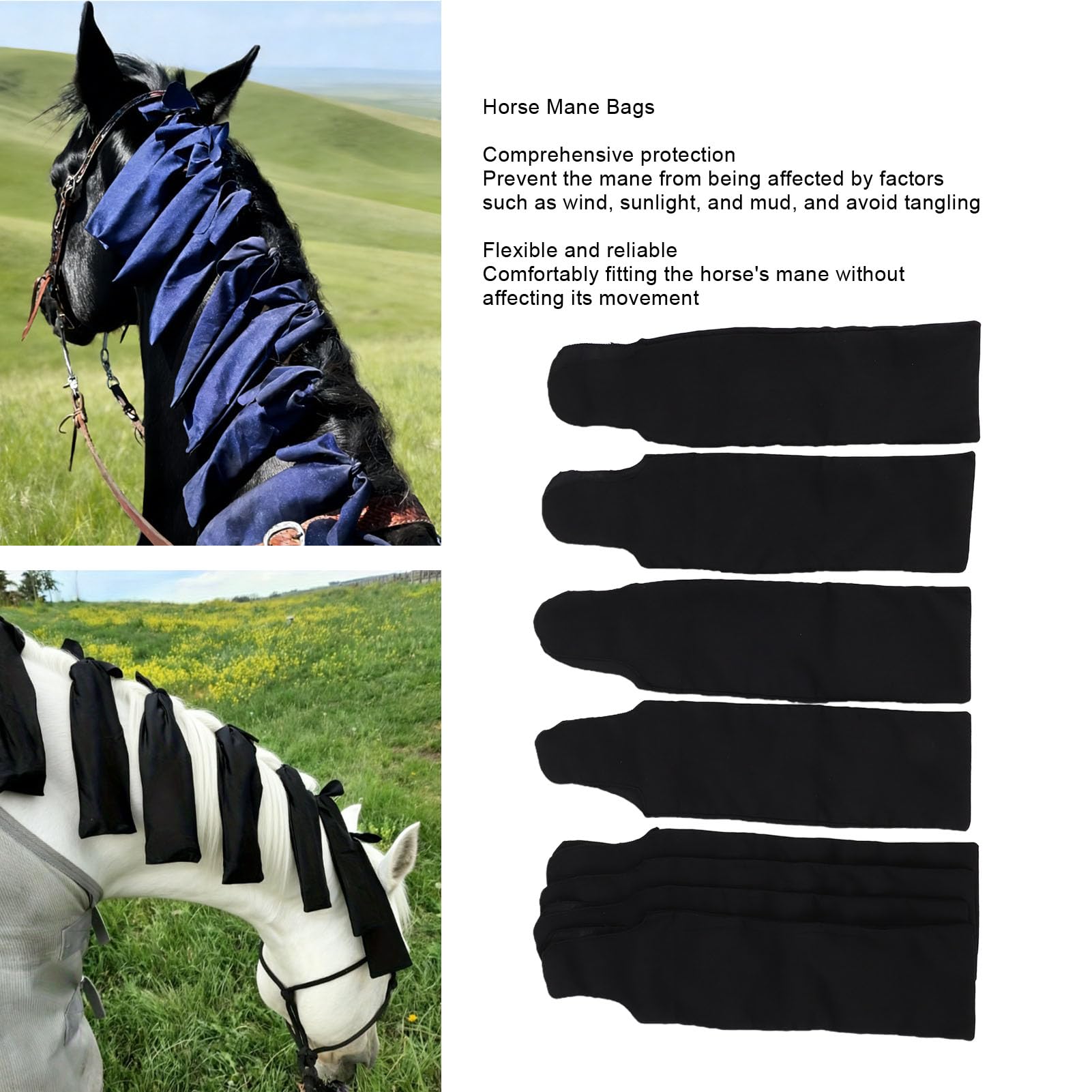 Confezione da 6 Protezioni per Criniera di Cavallo, Realizzate a Mano in Nylon, per Proteggere da, Sole e Fango. Tessuto Lavabile e Cinghie Regolabili.