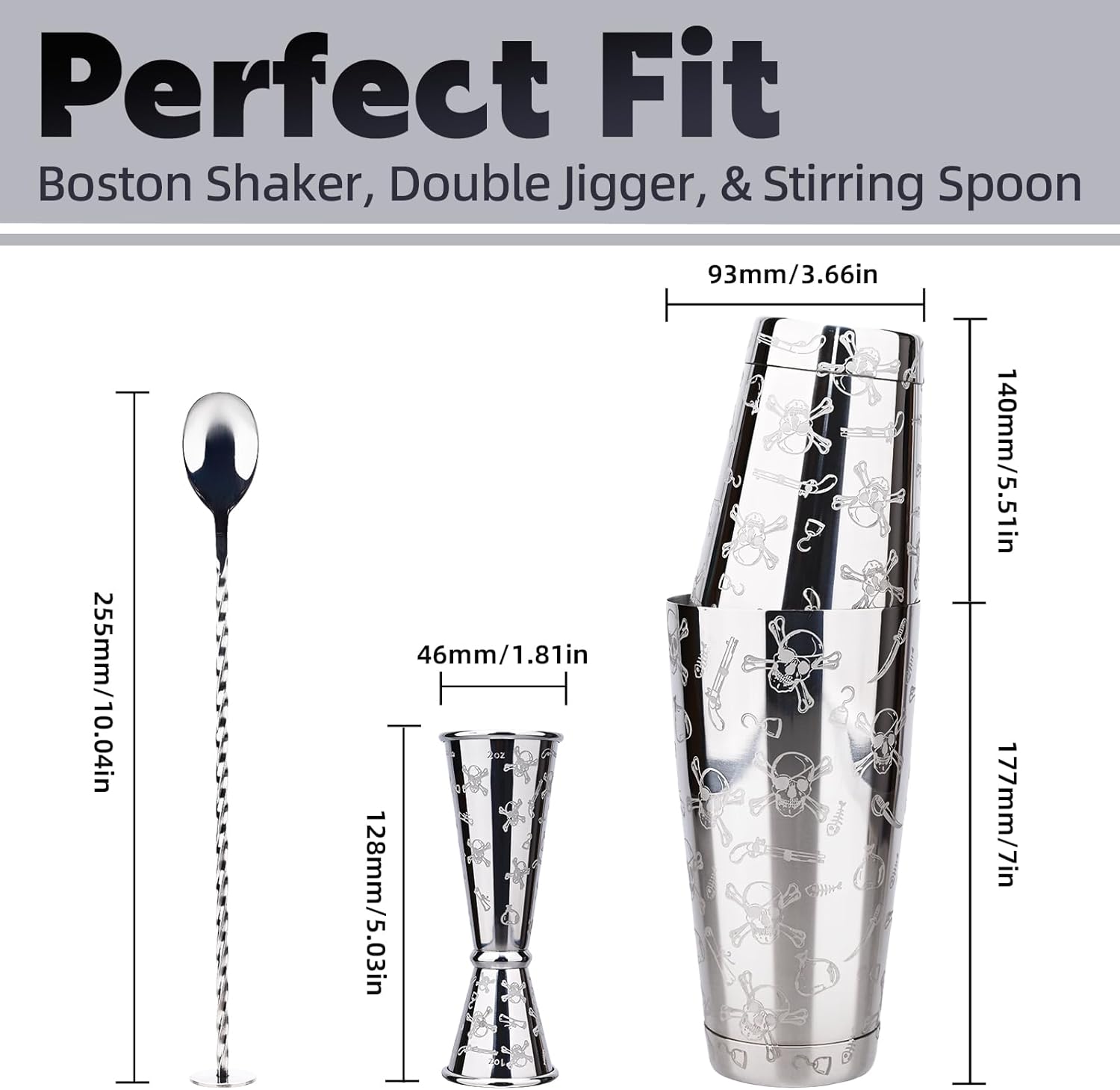 Boston Cocktail Shaker Set, Bartender Kit 3-Piece with Jigger, Mixing Spoon, Etched Skull Design Stainless Steel Professional Bar Home Mixology Tool Kit, 17/24oz Sliver Bartending Set