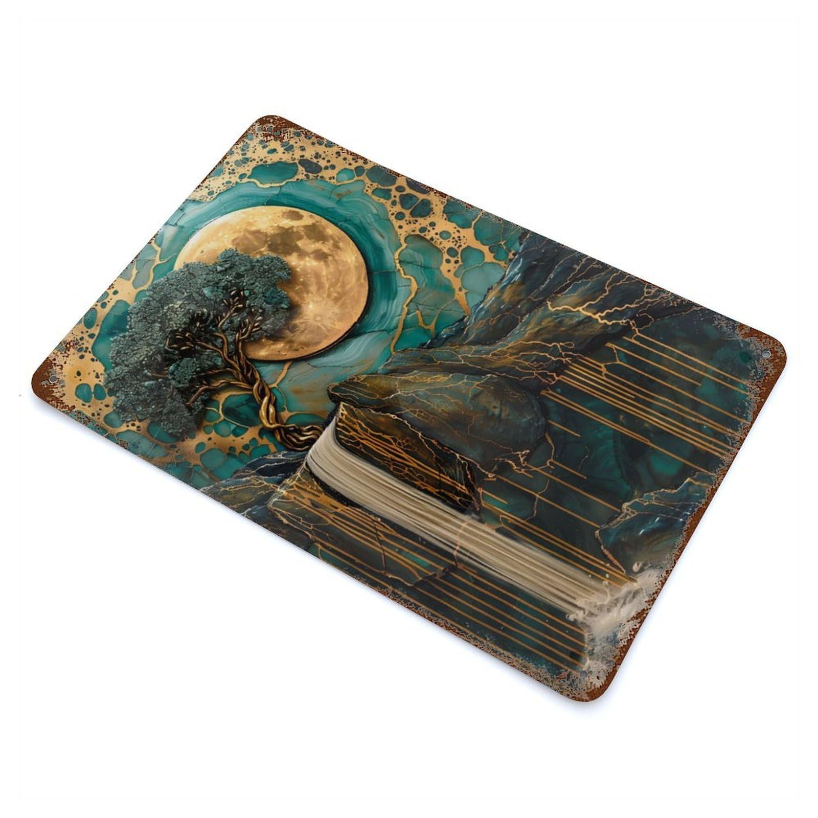 Tree in The Rock Waterfall Aged Metal Wall Plaque 11.8"x7.9", Old School Wall Decor for Garage, Bar And Workshop Decor