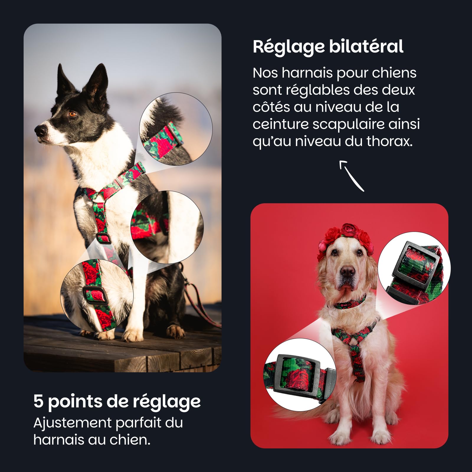 Harnais pour Chiot et Petite Chien | NO Absorb | Anti Traction | Réglable en 5 Points | Step-in | Empêchant la Traction et l'étouffement | Léger, Résistant | Dog Harness | Eternal Rose-XS